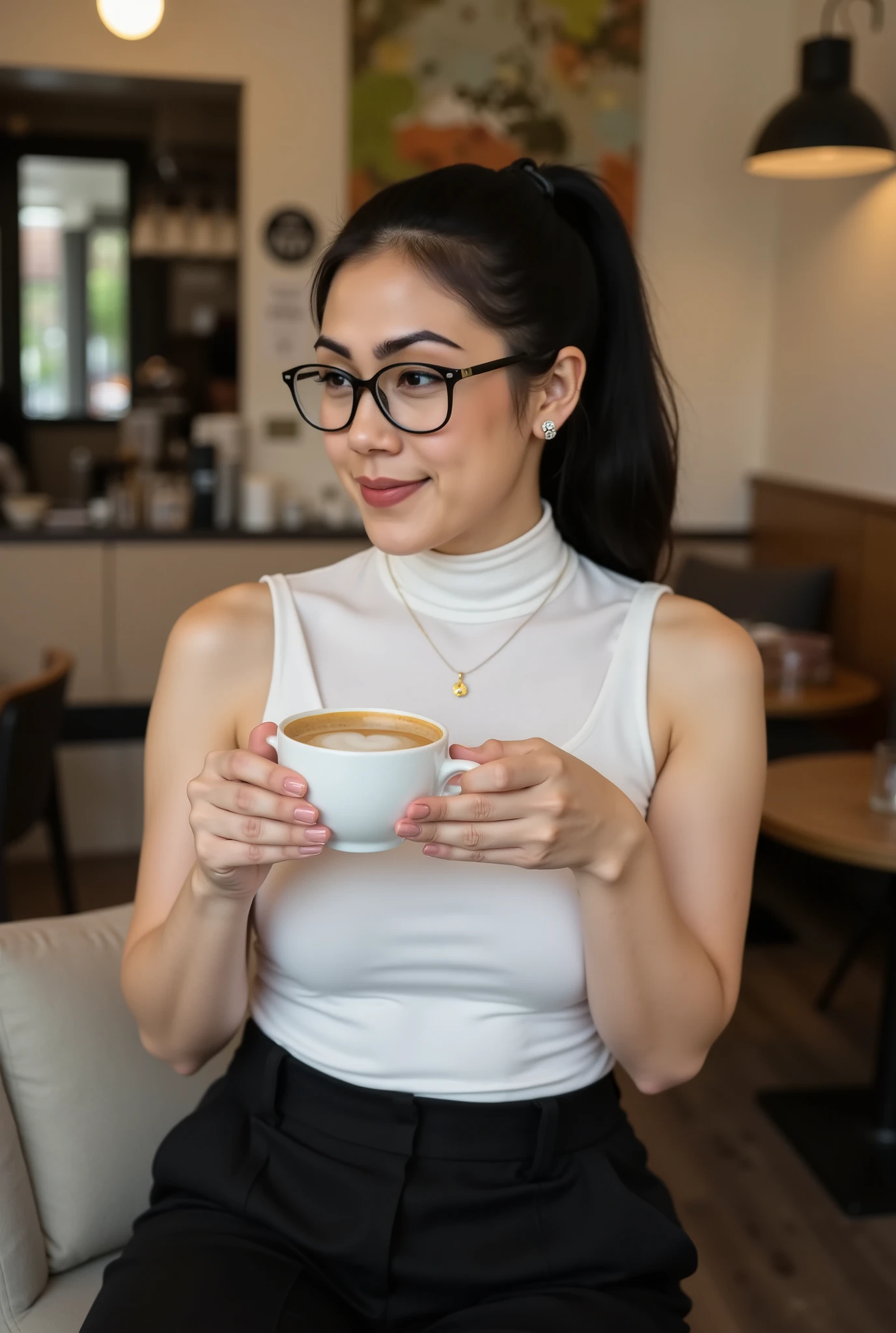 (Realistic),masterpiece,best quality,cinematic lighting,natural shadow,highest detail,professional photography,detailed background,depth of field,insane details,intricate,aesthetic, subsurface scattering, The beautiful filipino women. She wear a white turtleneck tank top. she wear black flowy formal pants. She wear watch. She wear glasses, Her hair tied ponytail. She glasses. She is sitting in the cafe having a capuccino. She use her phone to take a photo of the coffee, happy vibes beauty smile , looking at viewer. The cafe is in New York. Her body is medium curvy and not slim. Her height is medium. She is not tall. close up.
