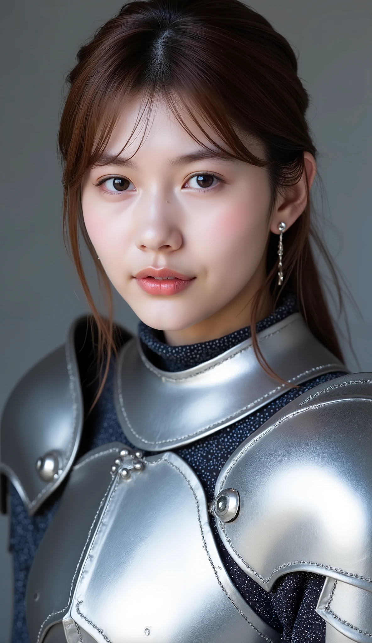 neat young woman wearing luxurious silver armor、、female knight、前髪あり、、、ear piercings、looking at camera、looking directly in front、歯を見せた笑顔、、face close-up、grey background、