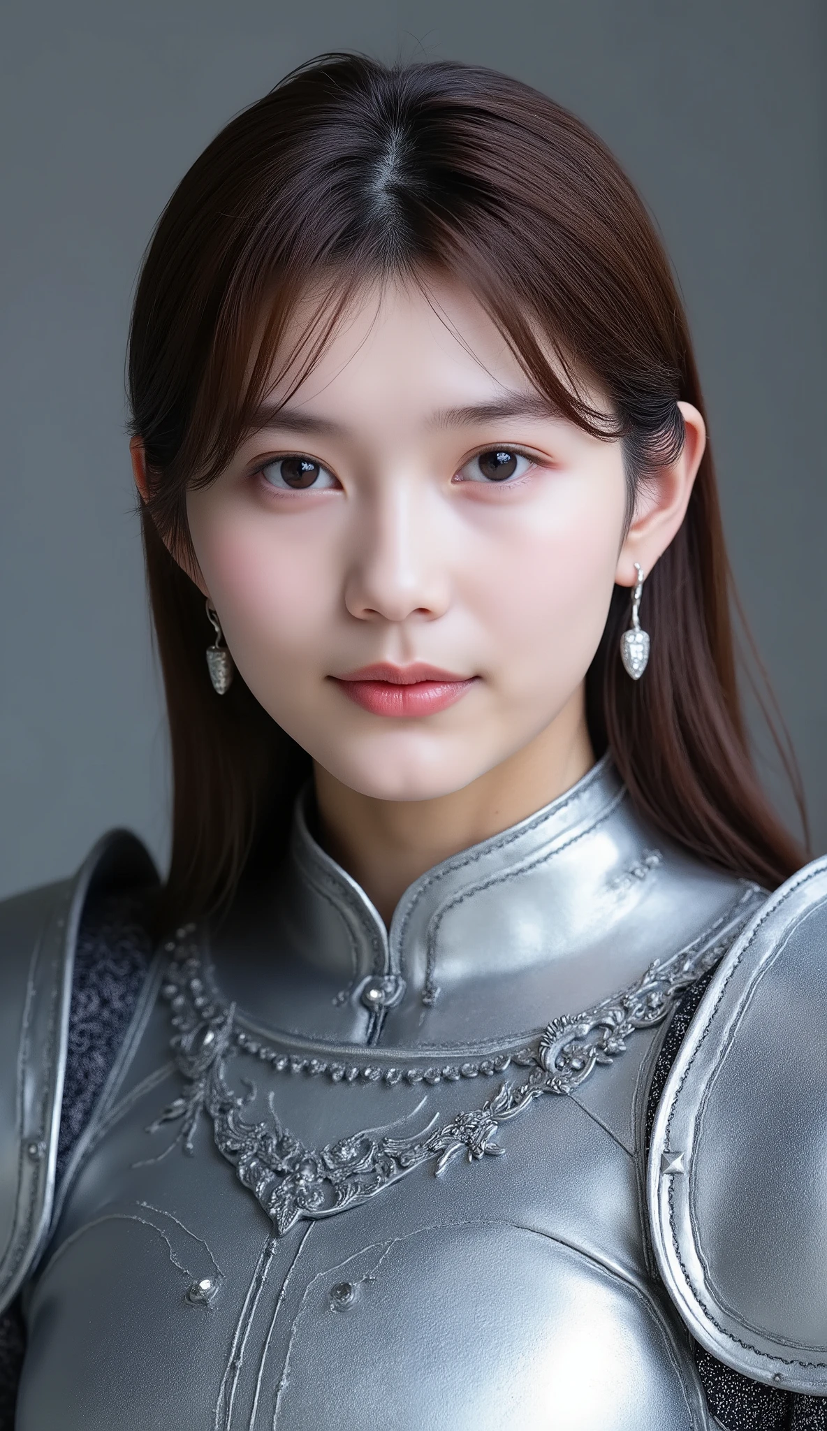 neat young woman wearing luxurious silver armor、、female knight、兜をかぶっている、、、、ear piercings、looking at camera、looking directly in front、No expression、is closing his mouth、face close-up、grey background、