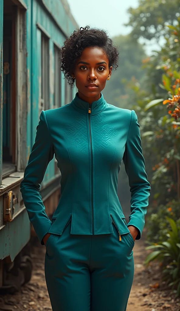 Formal and elegant Olympic uniform. green colors, azul e amarelo. Leopard print details in some parts. Golden Deatlhes. white stars. Female and male version. Roupa modesta