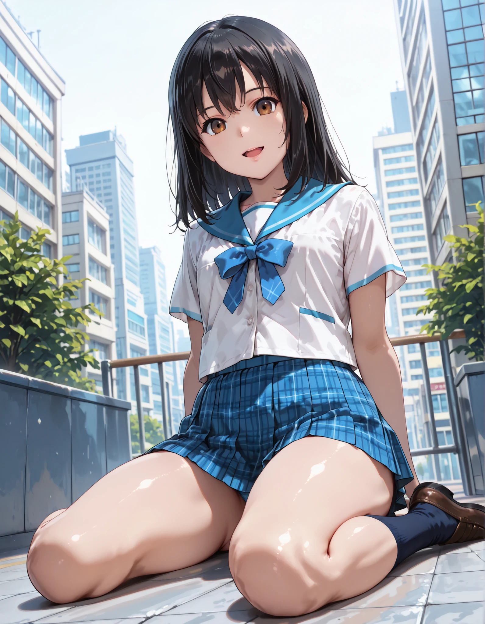 1girl, solo, looking at viewer, ((aayukina, brown eyes, black hair, school uniform, blue sailor collar, blue bow, white shirt, short sleeves, blue skirt, pleated skirt, plaid skirt, Smaller chest, )) , ((mini skirt)),((thighs)), sitting, floor, wariza, 1girl ,solo, smile, open mouth, close to viewer, full body, front view, simple background, white background, upper body, from below, outdoors, cityscape, background, , dutch angle