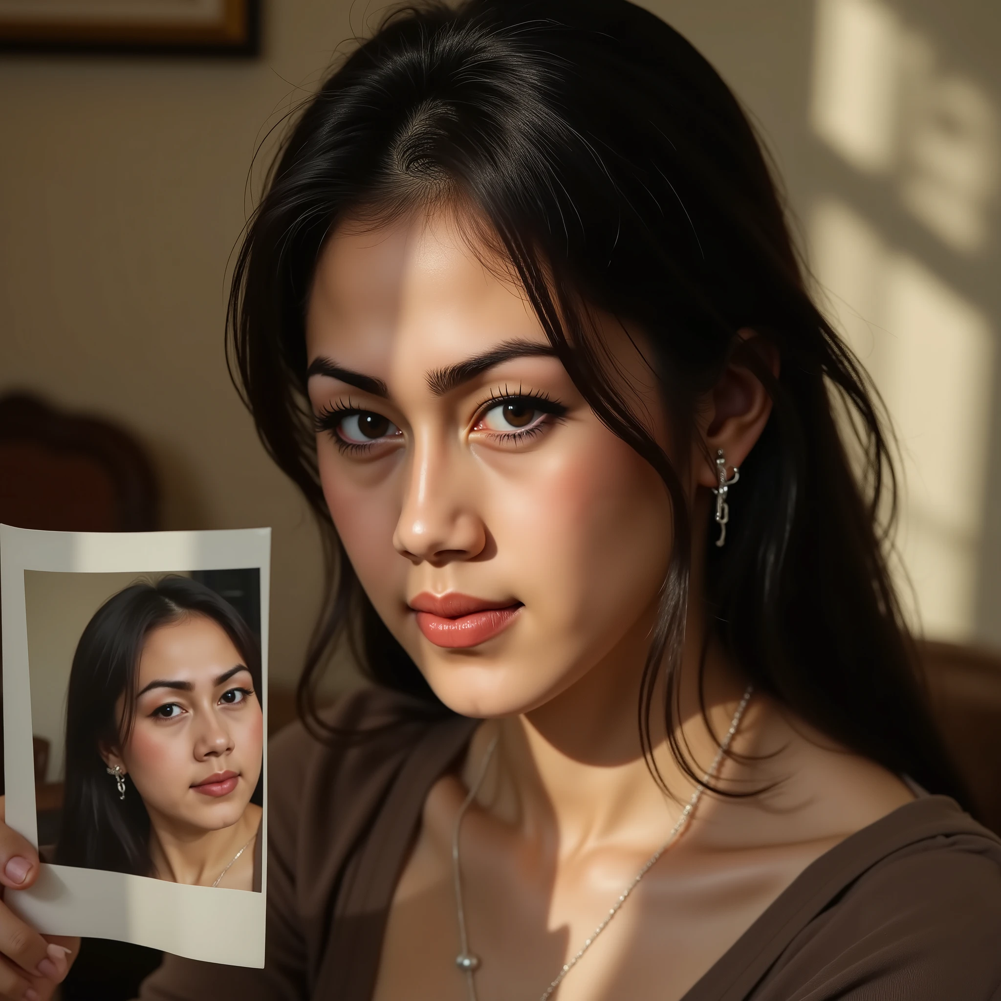 high quality、masterpiece、8K image、This photo shows large 、 occupying more than half of the screen 、 a well-groomed face like an actress 、Black hair reflects the light beautifully、 long eyelashes and sculpted eyes 、A small nose and glossy lips、She is gazing curiously at the photo she is holding、The beautiful woman's expression is a mixture of confusion and amazement、 This photo shows the same beautiful woman holding the same photo in the same pose、そしてThe contrast between light and shadow is artistically emphasized、The same image continues to be reflected endlessly like a mirror、The image within the photo...And the recursive composition continues forever、 and the same scene is further reflected in the photo 、make it a female child、The atmosphere in the room is warm、Natural light streaming in through the window、Gently illuminating the contours of beauty、The contrast between light and shadow is artistically emphasized、A mood reminiscent of a Hollywood movie、A beautiful magazine photogravure finish、 impressive lighting and sophisticated composition by a professional photographer 、photorealistic depiction、super realistic、8K High Resolution、最high quality、masterpiece