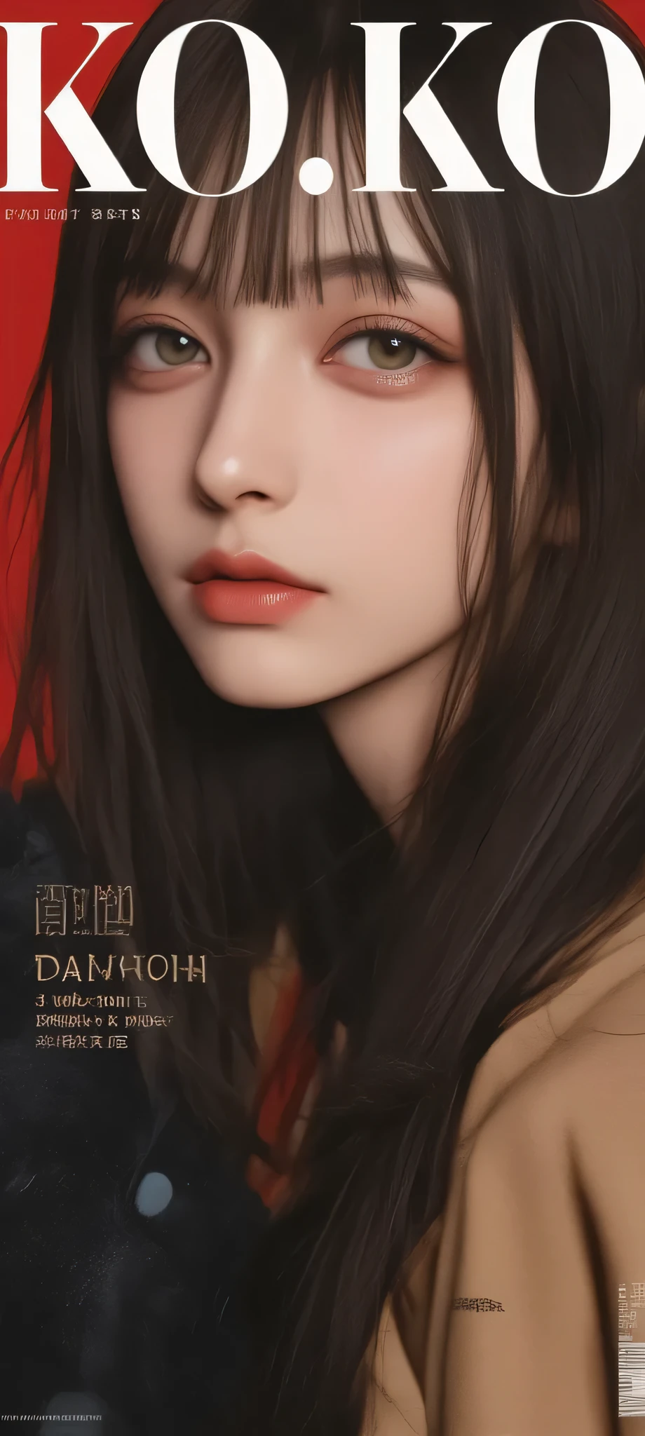 Masterpiece, best quality, professional photography, ultra detailed, 1 noble girl, fashion magazine cover featuring a portrait of a stylish woman, large bold stylish title “KO.KO” at the top in Didot's typeface, inspired by high fashion covers from Vogue and Dazed, long hair, detailed eyes, Seductive Look, Gorgeous background, magazine-style design
