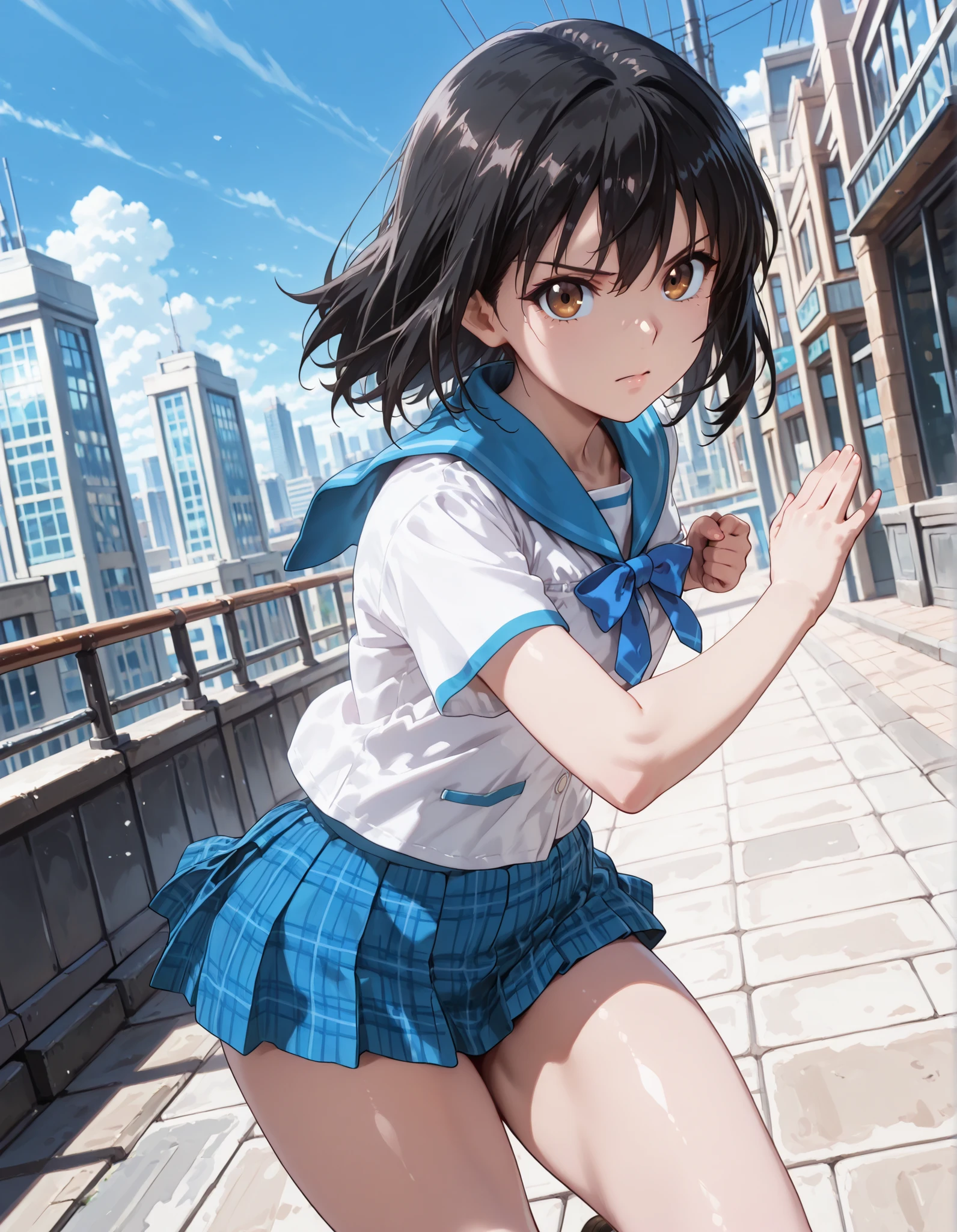 (1girl, solo:1.3), masterpiece, best quality, very aesthetic, 16k, high resolution cel anime, ultra detailed beautiful face and eyes and hair, short body, aayukina, brown eyes, black hair, school uniform, blue sailor collar, blue bow, white shirt, short sleeves, blue skirt, pleated skirt, plaid skirt, ((mini skirt)),((thighs)), outdoors, cityscape, background, , dutch angle, looking at viewer, cowboy shot, running fighting stance, attack battle form