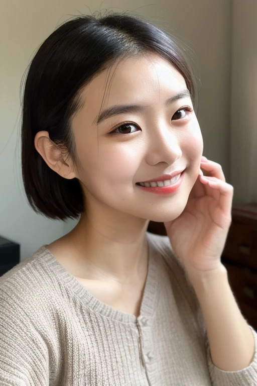 8K, Ultra-high resolution, Highest quality, masterpiece, 三分割法によるphotograph,Surreal, photograph, 1 Girl, (16 years old:1.3), pretty girl, Cute face, Beautiful eyes in every detail, 細かくdetailedに,masterpiece,, One Girl:1.2, Japan Female Announcer,whole body,Teenage Girl, Wearing only a grey cropped shirt with sleeves and flesh-coloured  , Functional, With a sleepy look and a half-smile,,detailedな顔と目, Beautiful lip detail, 非常にdetailedな目と顔, Long eyelashes, Portraiture, 非常にdetailedな, Warm lighting, Soft Focus, Cinematic,Functionalな,A carefree smile,Heal the heart,Black Hair,Short Bob,Looking at the audience、beauty,Long neck、Laugh a little、Please close your mouth and laugh、(((Ideal body type))),A cup small breasts :2,、Portraiture:2、Perfect 、鮮明なdetailed、detailed、Surreal、Light and shadow,Strong light 