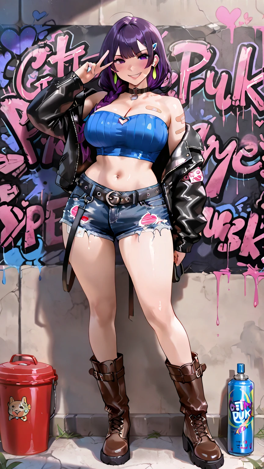(blank background), (((full body framing))), standing, (masterpiece), (best quality), huge girl, (muscular girl:0.8), (thin hair:1.7), (long blue jeans), massive breast, hair over one eye:1.4, sport , (fuchsia hair), belt under navel, sneakers, ((long legs:1.6)), rock band shirt, cute:1.8, adorable:1.8, leather jacket, cyberpunk girl, ear piercings, earrings, tatoo, (very curvy:1.3), 1girl, solo, (curvy:1.4)