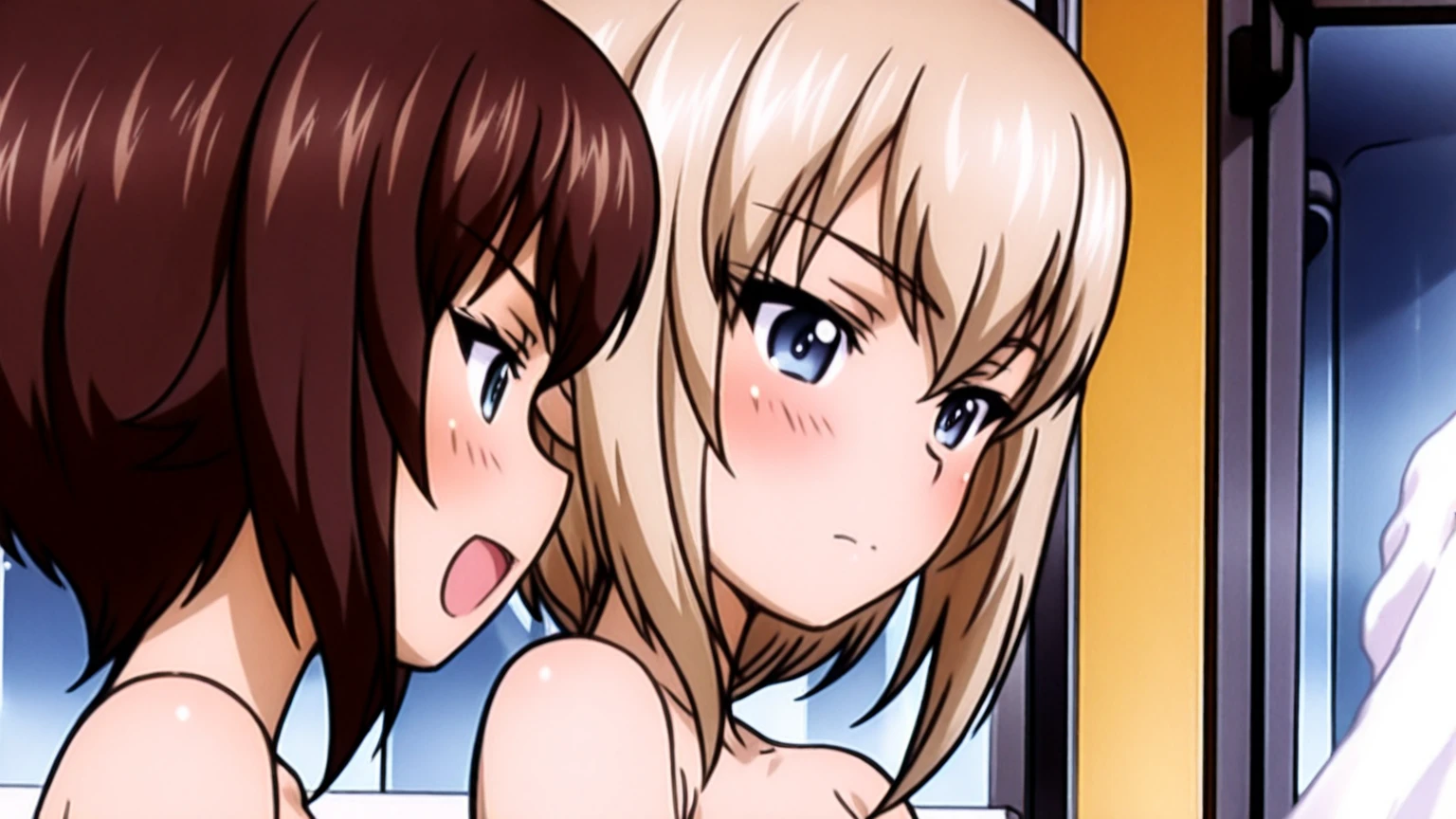 Blonde、Gal、orgasm、Climax、Ecstasy face、Mouth open、Cross-eyed、Long eyelashes、Cleavage、naked、blush、front、Anime Style