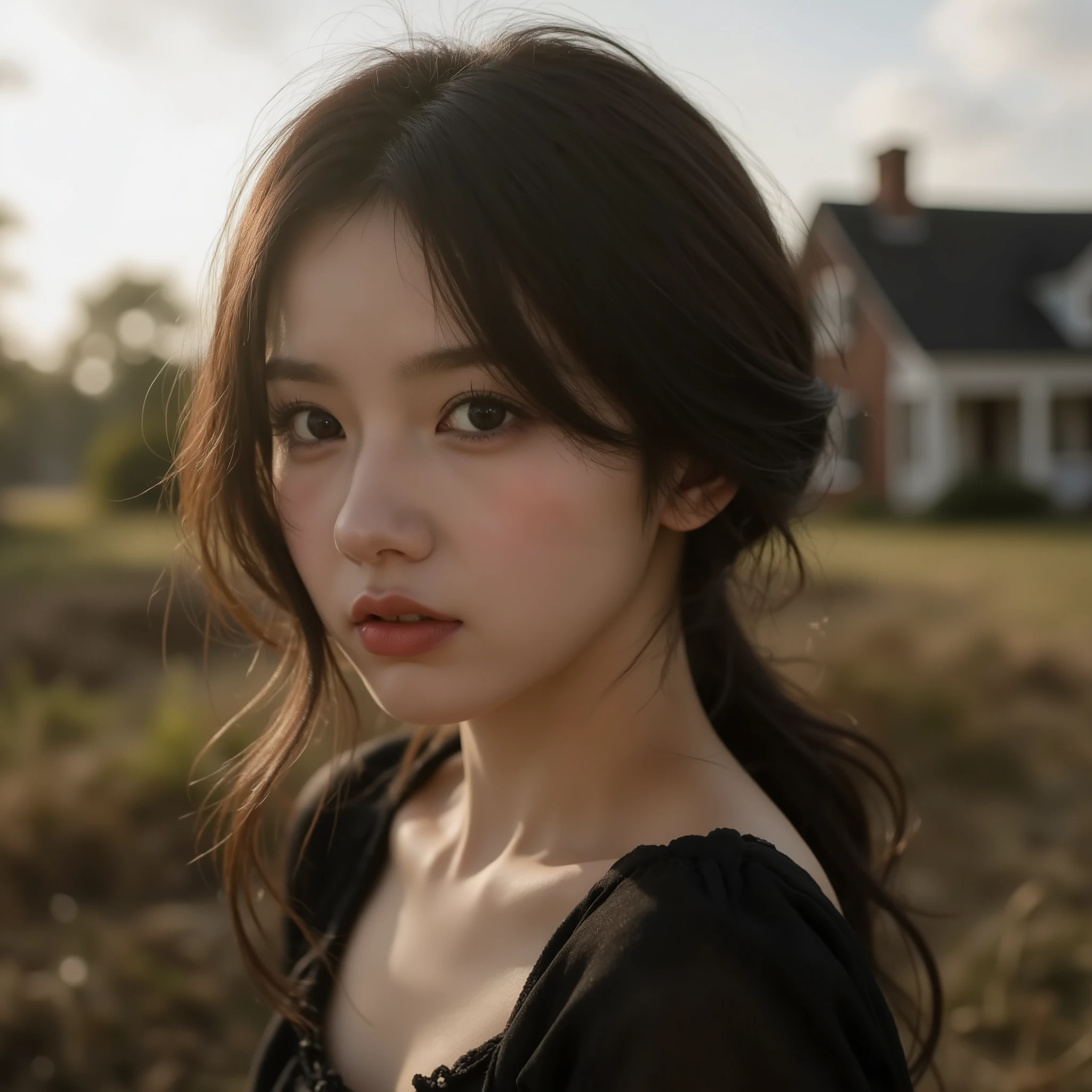 masterpiece, 8k, Highest Quality, detail, high resolution, Digital Photo, ultra detailed, photorealistic portrait of a resilient Southern woman, "Gone with the Wind" (1939) aesthetic, 3/4 angle view, dark fantasy custome, plantation house visible in background amid wartime devastation, Civil War era setting, windswept dramatic scene, determination in eyes, period-accurate hairstyle with center part and side curls, contemplative expression capturing inner turmoil, golden hour lighting creating dramatic shadows and highlights, professional photography, 50mm lens, f/1.8 aperture, cinematic depth of field, soft background bokeh, film emulation, dramatic contrast, historically accurate details