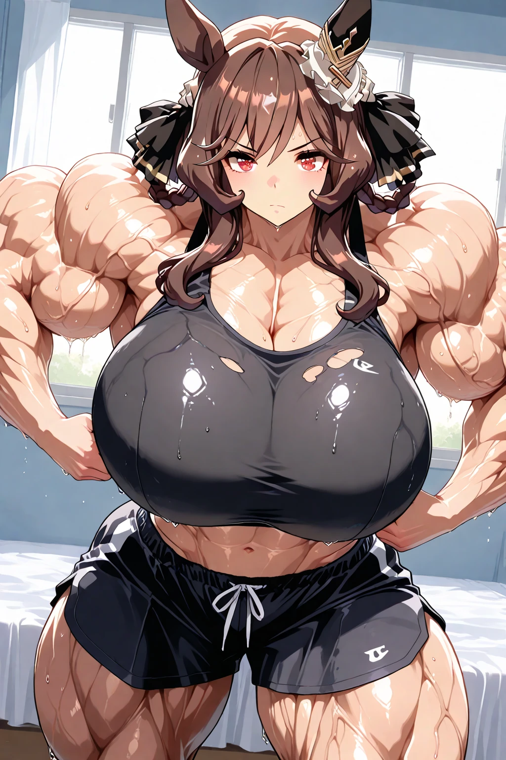 a super strong black woman, long purple hair on a high ponytail with bangs, enormous breasts, colossal breasts, hyper breasts, titanic breasts, black tank top, beige cargo pants, exaggerated curves, thick thighs, calm expression, smile, resting her back on a street lamp, red eyes, very tanned black skin, hyper muscular arms, titanic arms, hyper muscular trapezius, hypertrophic forearms, exaggerated muscles, biggest biceps in the planet, colossal biceps, body builder physique, bbw with gigantic breasts and dark skin in bikini
,score_9,score_8_up,score_7_up,source_anime,jumbovenusXL,realistic,gigantic_breasts,bbw, powerlifter, bodybuilder,red_eyes,dark_skin, milf