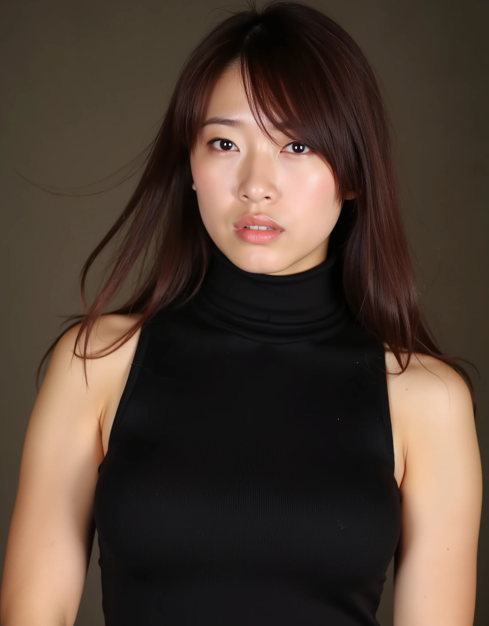Portrait of a beautiful Japanese woman、upper body bust up、Brown hair、Staring at the viewer with a serious look。Angry expression without a smile、I wear a fitted sleeveless turtleneck with a collar。Real skin glowing with sweat 、Skin texture with prominent pores and fine wrinkles。
