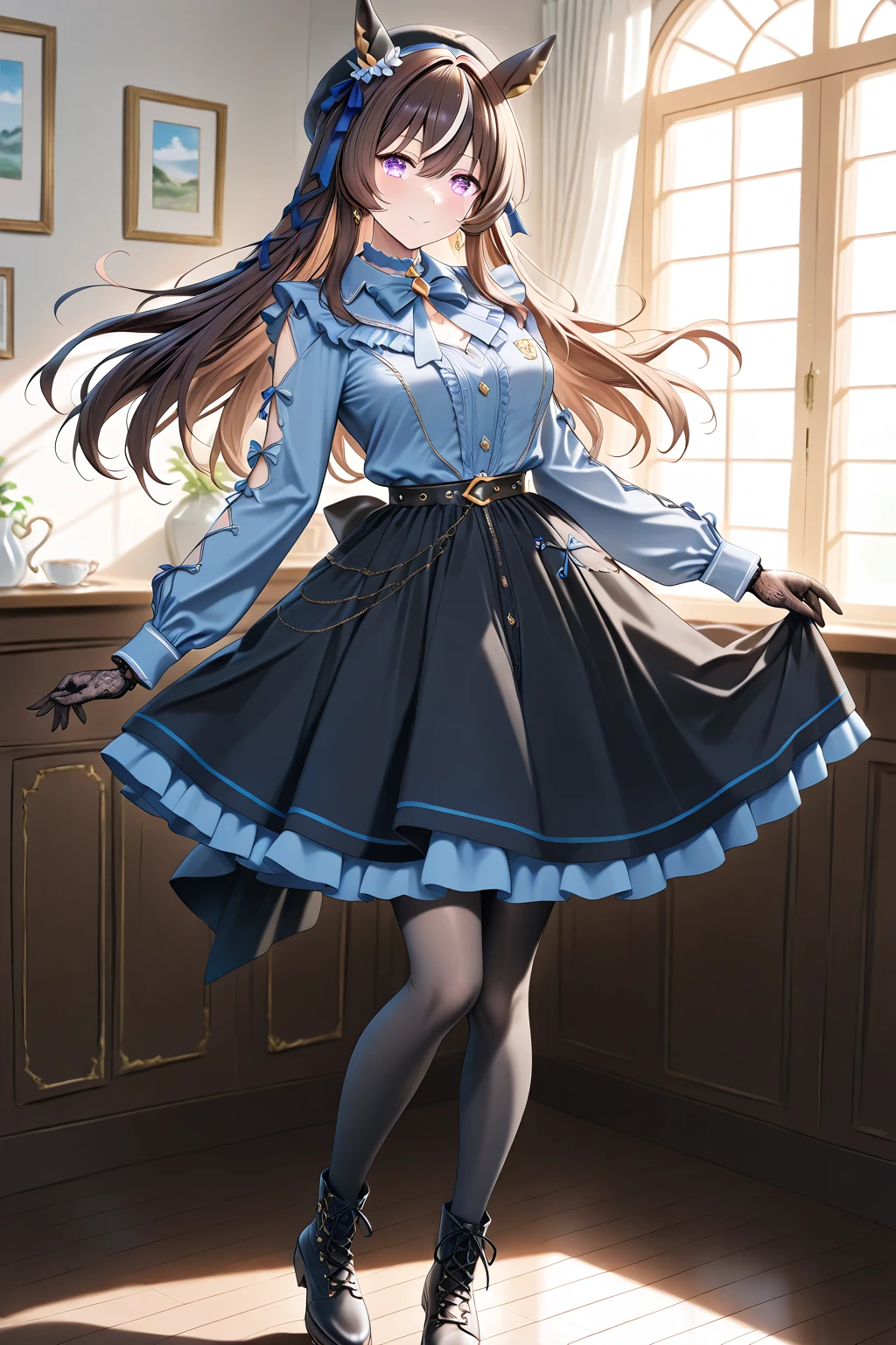 ((masterpiece)), ((best quality)), ((ultra detailed)), ((kawaii)), cute, (lovely), ((extremely detailed)), ((8K)), (beautiful), full body, luxury room, a cute girl, 1girl, solo, blue mini camisole dress,beautiful light brown hair, ((detailed beautiful brown eyes)), white-skinned, flat , tiny , garter belt,(garter stockings:1.4),pink eyeshadow