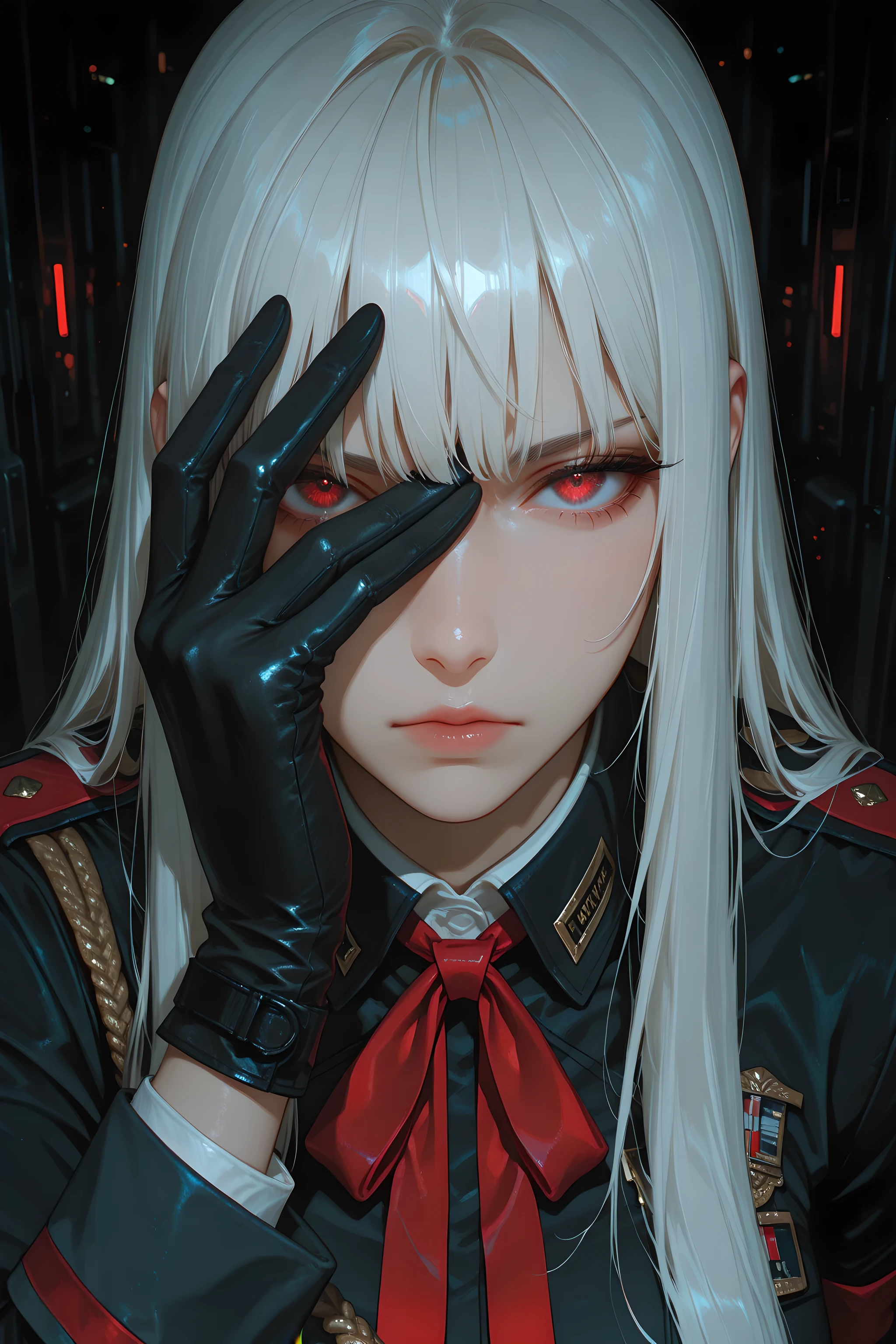 masterpiece, best quality, absurdres, red eyes, long hair, straight hair, bangs, covering own eye, hand on eye, looking at viewer, serious, Uniform, neck ribbon, gloves, Dark background, foreground, depth of field, Blurred periphery, BREAK masterpiece, best quality, amazing quality, very aesthetic, newest, incredibly absurdres, ultra detailed, 8k, HDR, High quality digital art, official art, advertising style, detailed background, painting \(medium\), cinematic lighting, ray Tracing, ambient occlusion, dynamic composition, foreshortening,