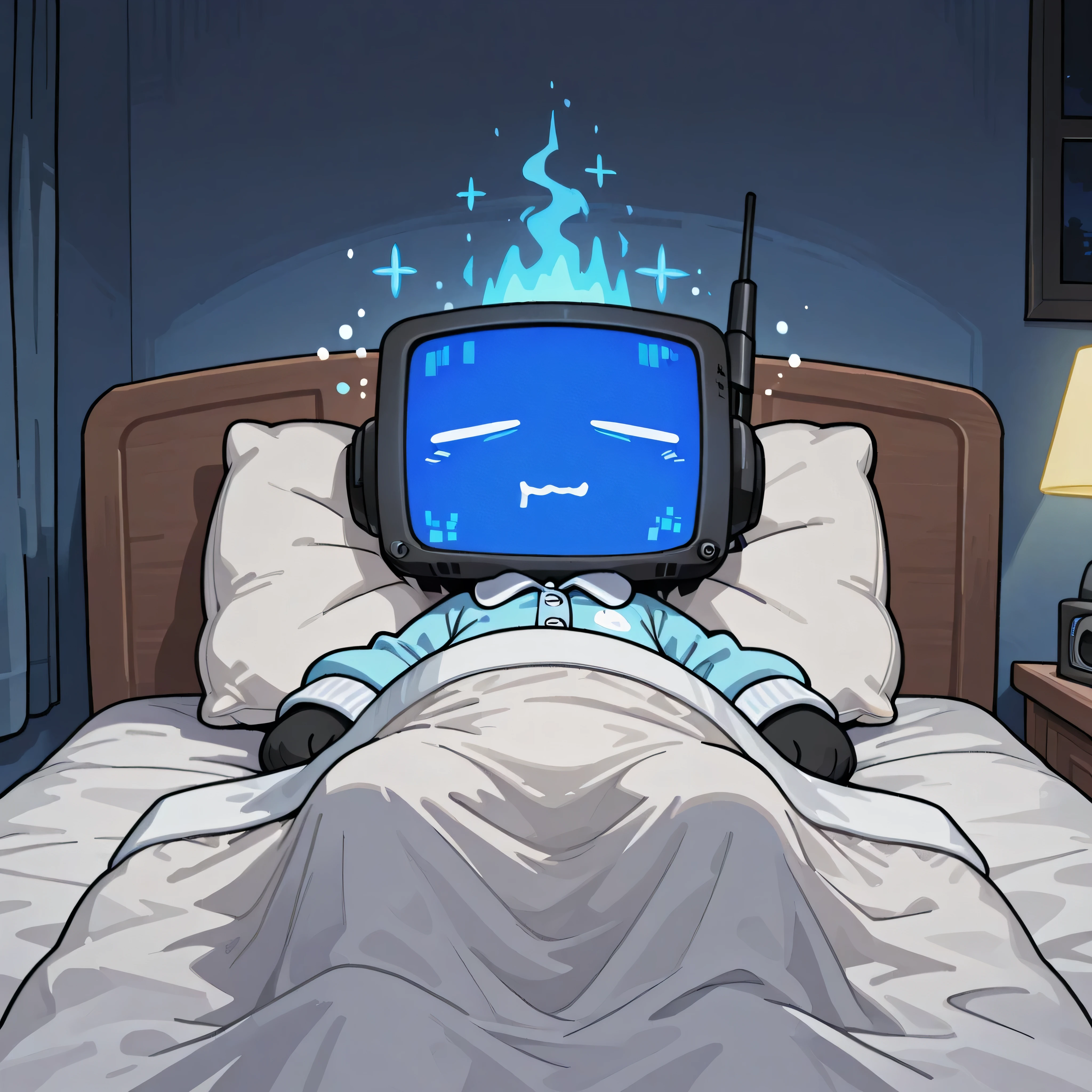 (masterpiece, best quality:1.2),
chibi style, 1boy, radio_head, expressive craze_face, glowing circle eyes, blue screen lights, glitch_face distortion,
cartoony, tiny cute proportions, soft sleepy expression,

wearing cozy pajamas, soft fabric texture, pastel colors (light blue or white),
relaxed body posture, curled slightly or lying on his side,
sleeping peacefully on a bed, soft blankets with gentle folds,
small pillow under head, screen glowing softly,

blue aura around his body, gentle and calming,
soft glitch particles drifting like tiny dream fireflies,
faint dreamy distortion waves, subtle and beautiful,

bedroom scene:
warm dim lighting, soft blue shadows,
clean room, minimal clutter, cozy atmosphere,
small window with moonlight or faint stars,
light blue ambient glow across room surfaces,
cute items like tiny plush toys or soft shapes (optional),

calm, beautiful, peaceful aesthetic:
sleepy mood, relaxed breathing,
gentle haze in the air, dreamlike softness,
cartoony outlines with smooth shading,

no tension, no horror — just cozy dream energy,
slow, warm, relaxing visual style,

(album cover framing:1.1), centered composition, no text,
clean, soft, beautiful bedtime scene.
