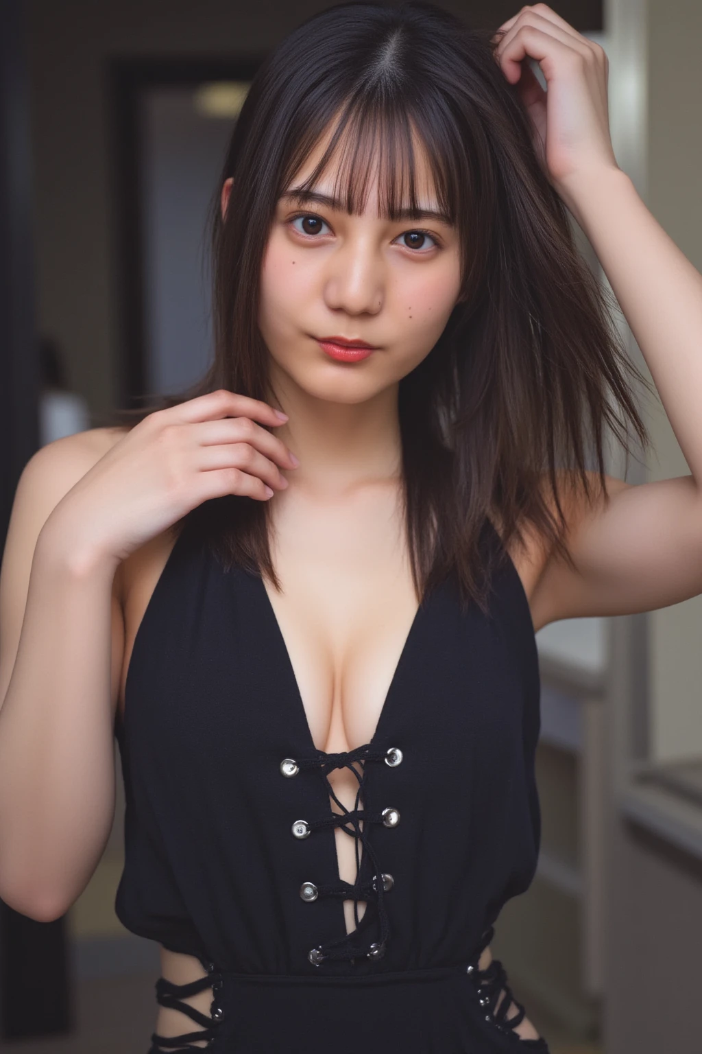 Her body and ??????? are stained with white paint。You are a cat ???????。 Cats walk ????????????。Place your palm on your chin、Place your elbows on the ground。　(highest quality, High resolution, Tabletop:1.2), Very detailed, Realistic:1.37, Golden hair on the left、 Inward-curling short bob hair,Hide one eye with bangs 、Sleepy eyes, Beautiful fine details, Beautiful lip detail, smile, choker, woman、She has very big and beautiful ???????、frontage、Place it on the ground、Lie on your stomach、Please lift your ???????? up, Very expensive.、forward leaning posture、Like a cat;yawning pose、Lift your ???? higher than your shoulders、Lower your upper body、Full body show、Please open your mouth wide, Very spacious。Elegant and mysterious fishnet stockings。