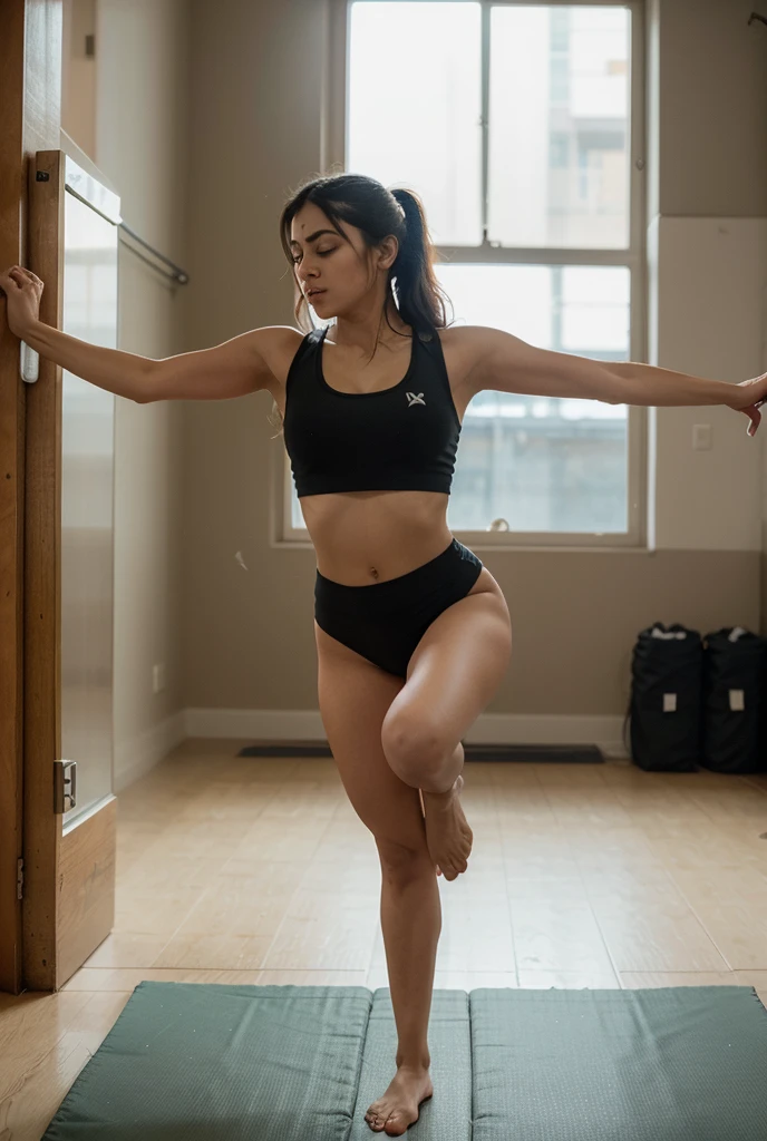 8k, highest quality, ultra details, hispanic girl, practicing dance routines in a dance studio, expressing herself through movement, artistic expression.