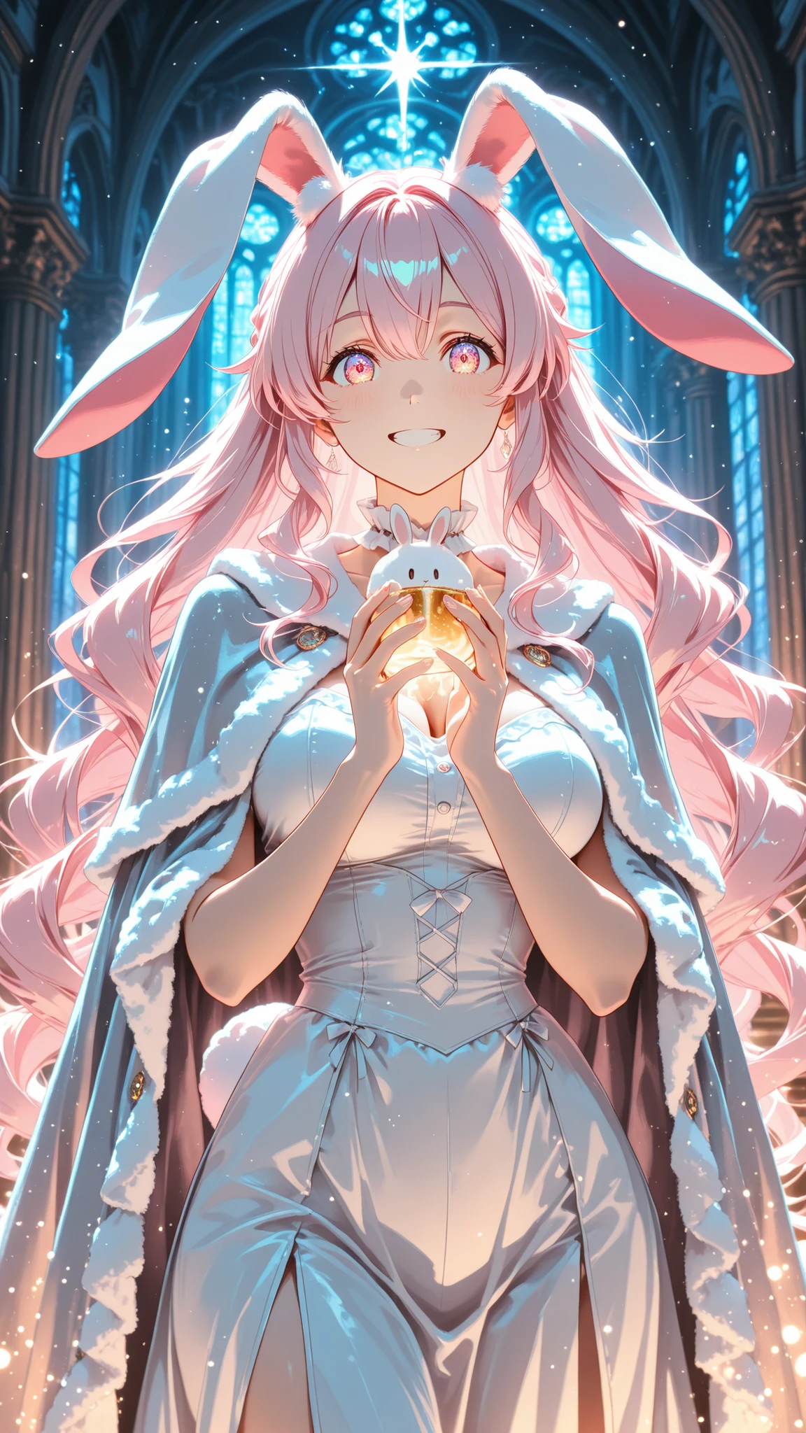 high quality, masterpiece, ultimate detail, 1 girl, Long Rabbit Ears ,droopy ears, fluffy long hair, Cream Hair, soft texture like rabbit hair, big kind eyes, Fluffy White Dress, fluffy cape , Big Ribbons on Her Neck, cute expression peeking through a grey surface, Focus on the rabbit's round tail , fantasy background, pastel, soft light, anime style, gentle smile