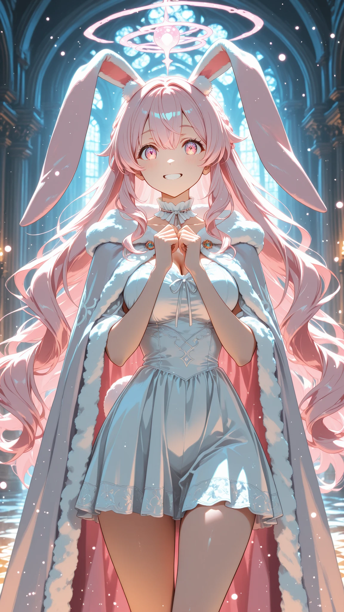 high quality, masterpiece, ultimate detail, 1 girl, Long Rabbit Ears ,droopy ears, fluffy long hair, Cream Hair, soft texture like rabbit hair, big kind eyes, Fluffy White Dress, fluffy cape , Big Ribbons on Her Neck, cute expression peeking through a grey surface, Focus on the rabbit's round tail , fantasy background, pastel, soft light, anime style, gentle smile