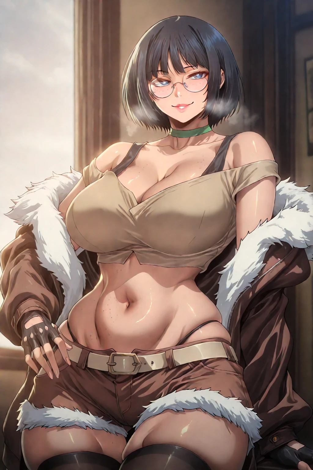 Meteor, Manhwa, L_Cation2, babu-style, Hgk, (hisasi-style:1.5), (jeneral-style:1.2), (haikawa_hemlen-style:1.4), (saintshiro-style:1.3), (jjune-style:1.2), ((anime coloring, anime screencap)), shiny skin, Hand drawn, cinematic, Sharp focus, humorous illustration, big depth of field,(cellulite:1.2) Masterpiece, ((cinematic, backlighting)), concept art, trending on artstation, Vivid colors, Simplified style, trending on ArtStation, trending on CGSociety, Intricate, Vibrant colors, Soft Shading, Simplistic Features, Sharp Angles, Playful, (voluptuous body:1.4), (mature female:1.4), ((anatomical correct)), perfect body, perfect eyes, perfect fingers, gasping, heavy breathing, gasping profusely, ((skindentation)), ((curvy, thigh gap)), yuuki karin, short hair, black hair, bob cut, wispy bangs, blue eyes, ((rounded eyewear)), bright pupils, plump, 1girl, breasts, shorts, thighhighs, solo, navel, fur_trim, cleavage, crop_top, freckles, choker, jacket, gloves, belt, midriff, black_thighhighs, looking_at_viewer, short_shorts, fingerless_gloves, brown_shorts, smug, makeup, fur-trimmed_jacket, parted_lips, explosive, thighs, cowboy_shot, off_shoulder, green_choker, lips, fur-trimmed_shorts, ((flabby stomach))