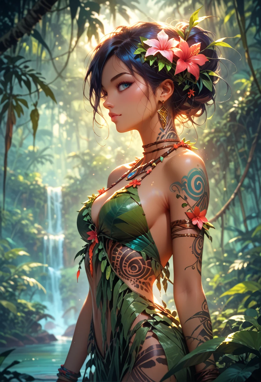 colorful, fashion photography portrait of egyptian woman with blue hair, in lush jungle with flowers, 3d render, cgi, symetrical, octane render, 35mm, bokeh, 9:16, (intricate details:1.12), hdr, (intricate details, hyperdetailed:1.15), (natural skin texture, hyperrealism, soft light, sharp:1.2), detailed, sunlight passing through foliage