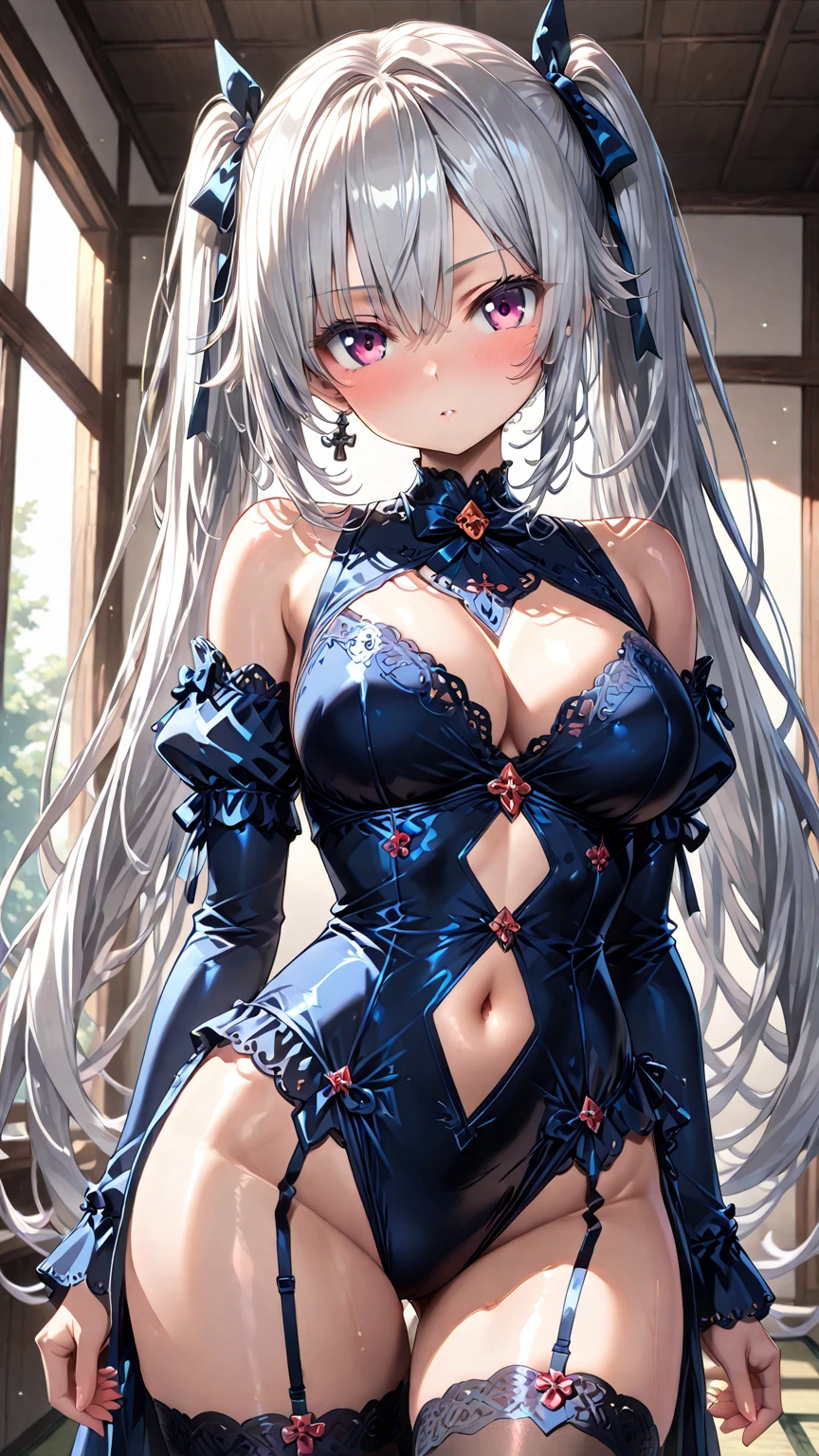 Silver hair, pink eyes, body, cat ears, ???? girl, earrings, flower sun background, hair bows, sit down