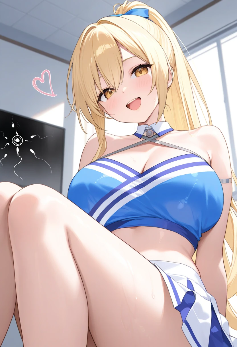 (masterpiece）、（Best image quality）、（Very detailed）、（Very detailed）、4K、（8K）、Best image quality、（beautiful）、 More about Campbell, 1 Girl,Huge breasts、Thick thighs,smile､Noise Reduction､Emphasis on the crotch､Breast augmentation、( black pantyhose:1.2),squat,Spread your legs,pubic hair,(Cheerleader:1.2),(  :1.3),pubic hair,blush