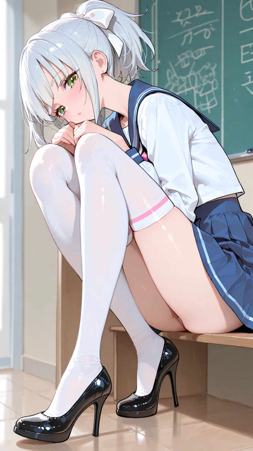 A defiant smile、masterpiece,Bedroom,Spread your legs,,blush、Put a  in your mouth、 Sweat,White 、Lift up your skirt with your hands、Back Alley