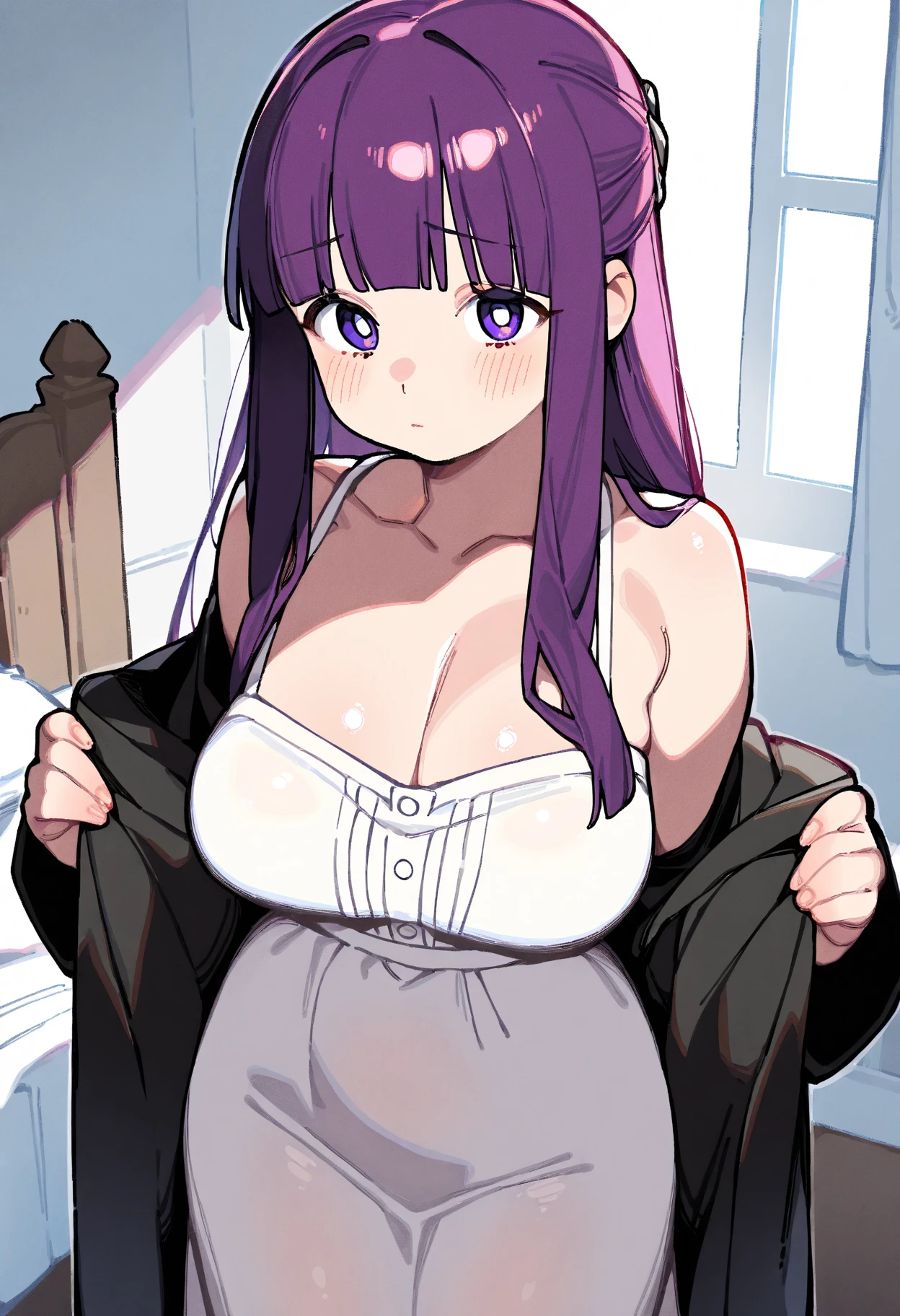 1 girl, dark purple hair, long hair, (big lips), dark purple eyes, huge breasts, smile, blush, blush on the nose, high thighs, dynamic, superiority, wide hips, narrow waist, hourglass figure, silly , sexy pose, dynamic pose, ahegao face, ahegao, ahegao_face, in a mini bikini, semi-nude, on a bed