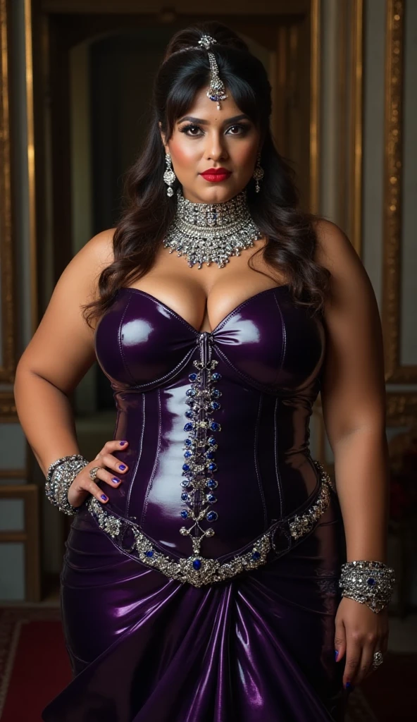 Purple Spandex qipao, perfect face,, ((Very detailed eyes and face)))), (((Very detailed face)))), beautiful detailed eyes, detailed face, with an intricate french palace background including the garden, (Thick thighs:1.2) PAWG BODY