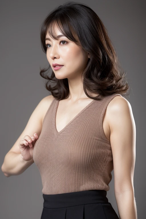 Pale solid color background,japanese mature, 30-years old, governess, Slim figure, 独奏, He stands in the center of the screen and looks straight ahead with a serious expression with his mouth and eyes closed., Tank tops, underpants, Composition from knees to top of head, hight resolution, high-level image quality, high detailing, Textured skin, tre anatomically correct, sharp,
