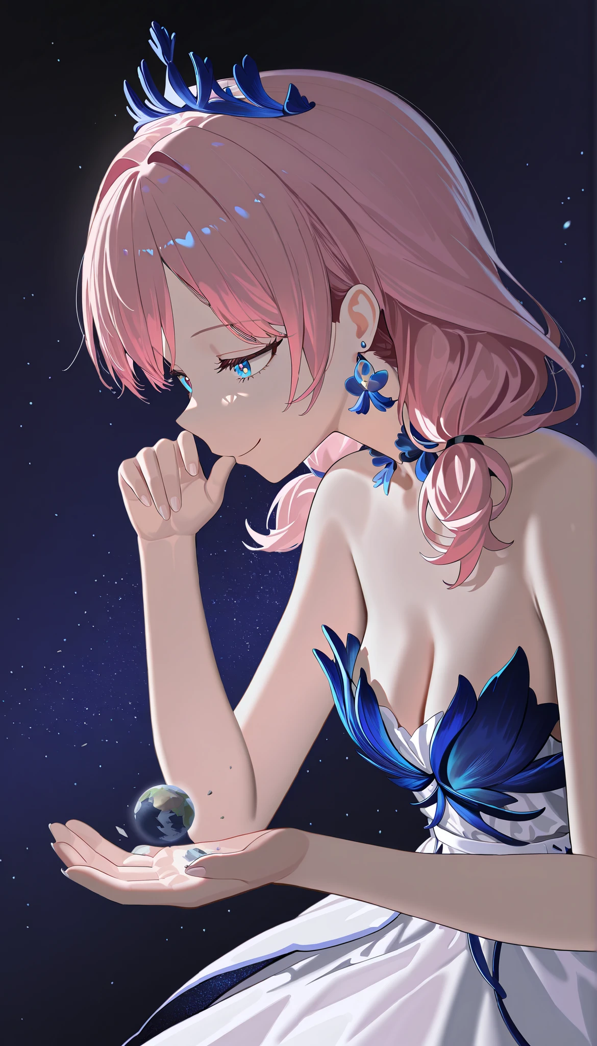 A woman eating the earth, eat, 1girl, solo, facefocus,blue_poison_\(nocturne_of_elysia\), blue eyes, pink hair, low twintails, blue crown, earrings, hair ornament, 1girl, (face down), Woman holding the earth with her hand and gnawing, Holding the Earth with one hand, A woman who bites the earth, absurdres, detailed face, detailed hands, small claws, score_9_up, score_8_up, score_7_up, giantess, Dressed Woman, A woman bigger than the planet, A woman bigger than the universe, destroyed earth, smile, Space Background, The giant girl is in space, giga giantess, Upper Body, Mouth open, profile, right hand, The Earth Is Broken, (Small Earth:1.5), from side, highres, masterpiece,cleavage of small breasts, Smile, I'm putting the palm of my hand on my mouth, beauty, beautiful illustrations, lean forward,small breasts,