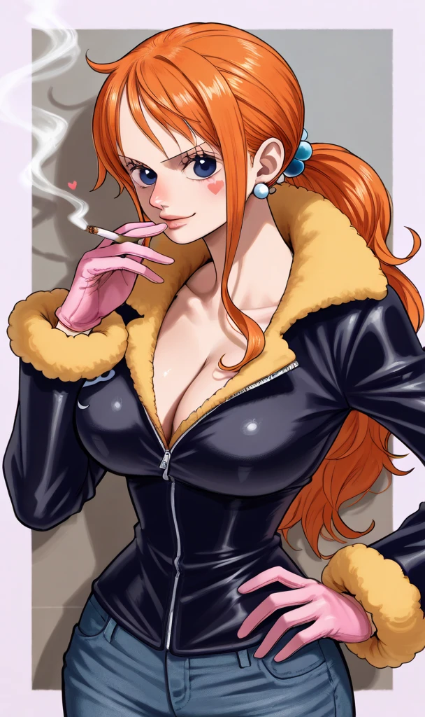 a cartoon picture of a woman in a bikini top and jeans, nami one piece, nami from one piece, nami, beautiful portrait of nami, from one piece, oppai, blue eyes, smoking, ponytail