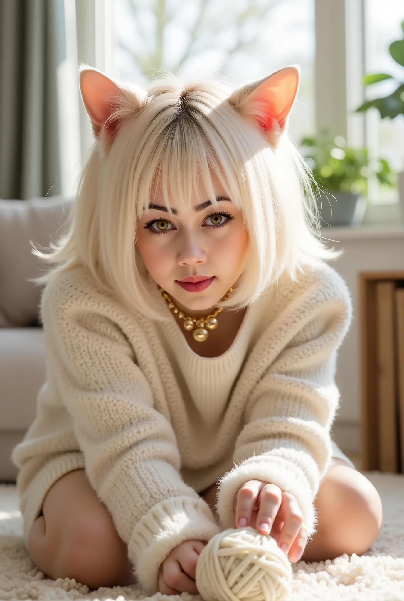 masterpiece, 8k, Highest Quality, detail, high resolution, Digital Painting, ultra detailed, (detailed eyes:1.2), (sharp eyes:1.1), (smooth skin:1.1), (shiny skin:1.2), anime girl with cat ears and tail, playful pose, chasing a ball of yarn, fluffy white hair, golden cat-like eyes, small fangs, oversized sweater paws, bell collar, pastel colors, cozy living room, sunlight through window, cute and innocent expression, detailed lighting, soft atmosphere