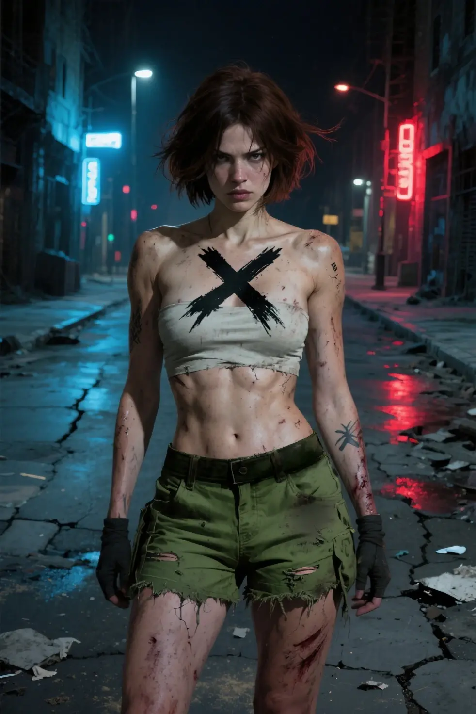 Girl, short-haired, профессиональное фото,portrait, ash-haired, brown eyes, black t-shirt, blue jeans, and a jeans jacket, strong-willed  expression, red evil- looking car in background, Blood Drive Tv series style,ultra realistic, ultra high details, ultra high definition