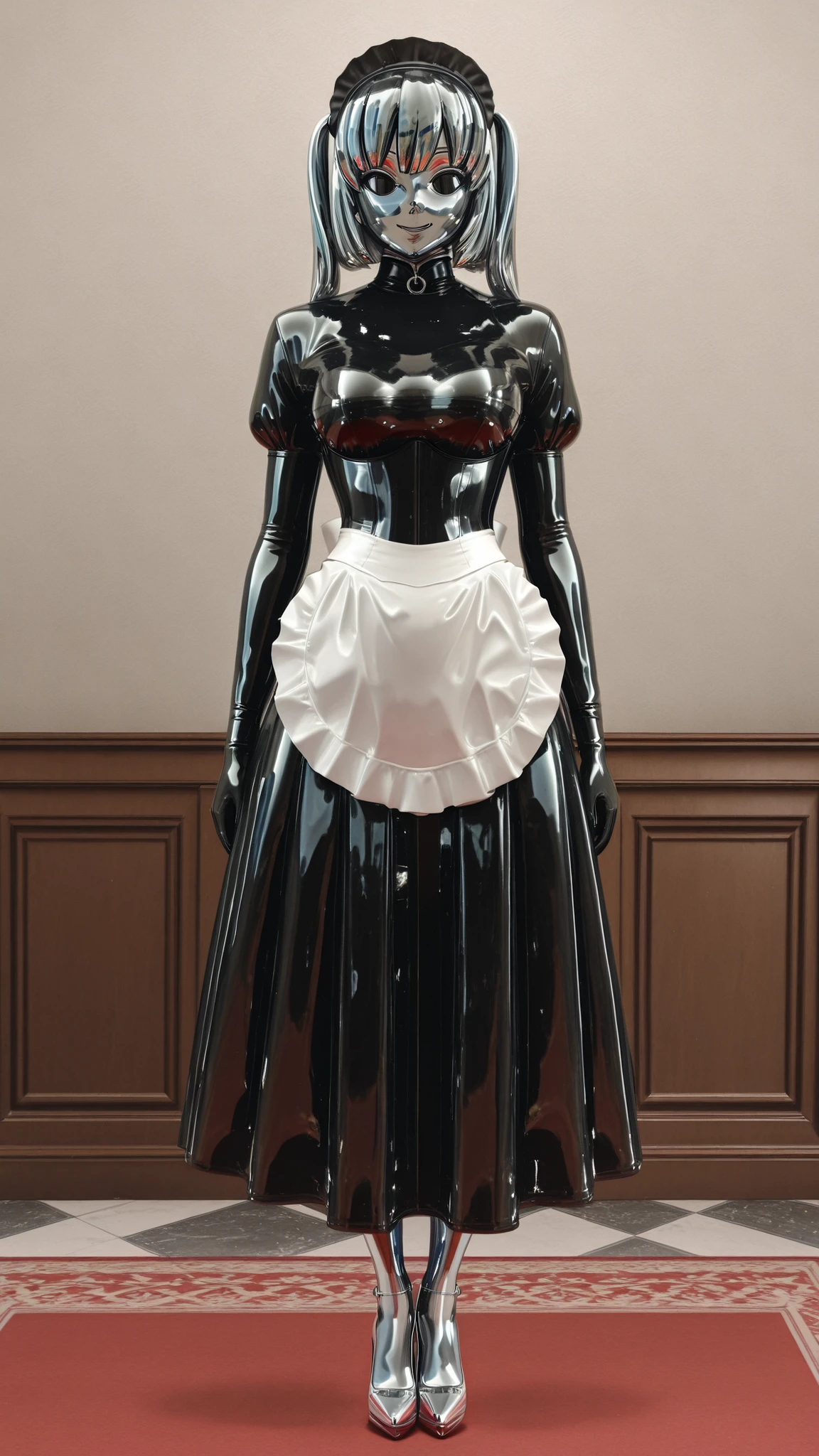 maniajuns, chrome skin, black lenses,shot hair, happy,latex,maid,gothic,black latex long skirt,small tight corset,small tight waist,long high collar, Wide Skirt,black latex long puffed sleeves,black latex long gloves,white latex big apron, full body, 1 girl, chrome stiletto high heels,view straight ahead,front view.