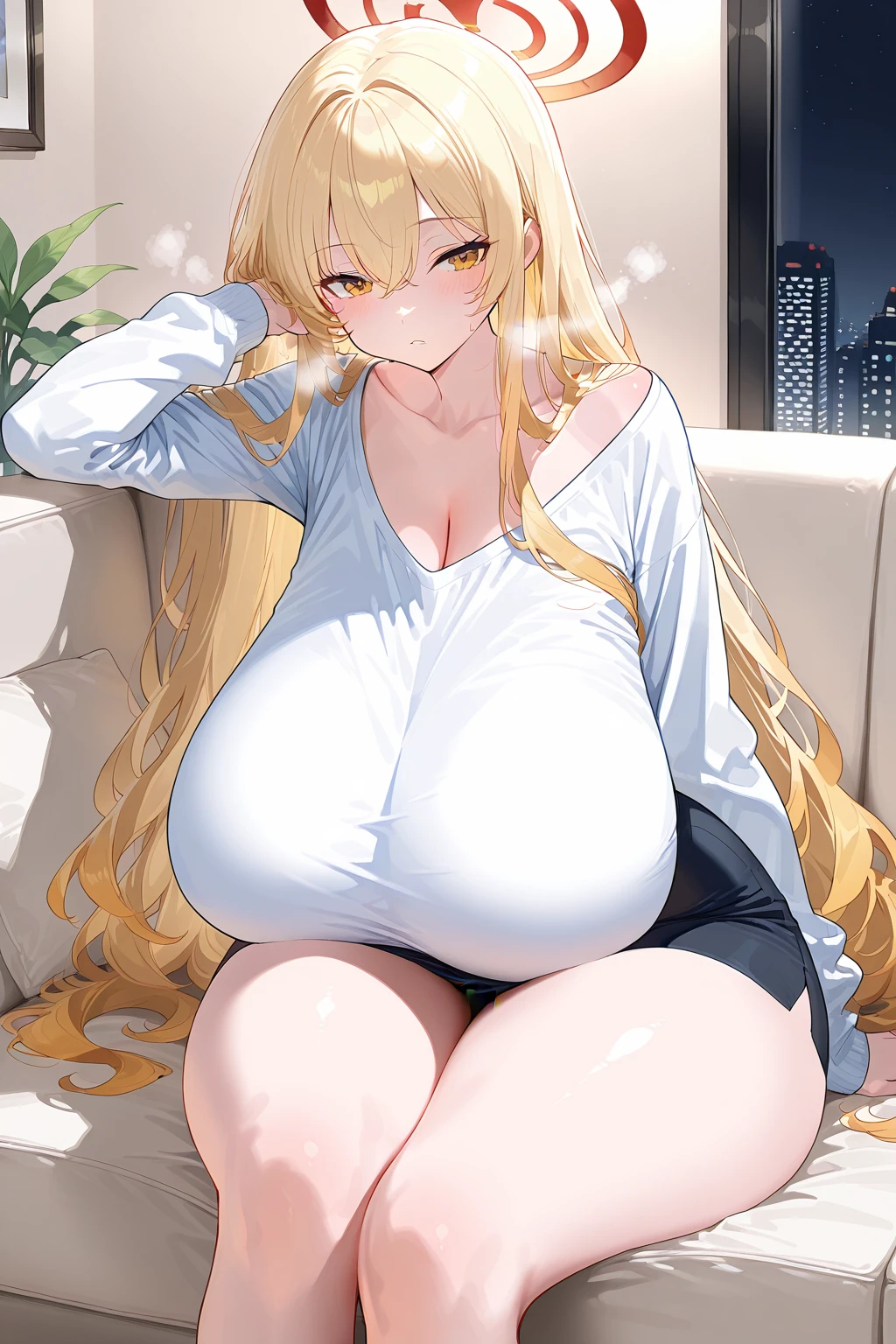 Foreigners、White、Pale blue eyes、Blonde long hair、Huge :1.5、sagging :1.5、In underwear、Calvin Klein、bedroom、older sister、A sweet smile