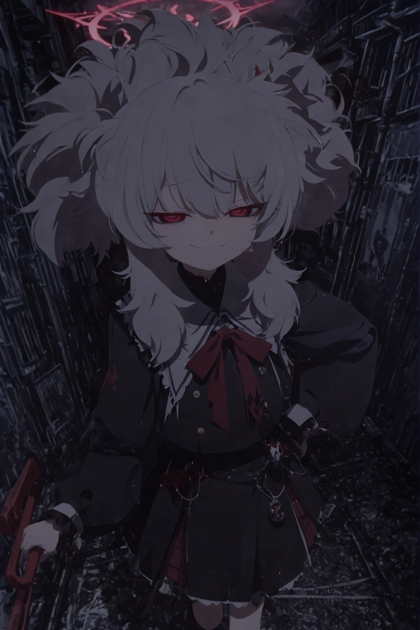 1girl, best quality, super detailed illustration , smug smile, half-closed eyes , (Anthropomorphic fluffy goat boy :1,7) , tousled fluffy hair, playful look, ideal body, shining eyes, check_9, check_8_up, check_7_up, check_6_up, check_5_up, check_4_up, blue creepy eyes,,(short tousled fluffy hair:1,8), disheveled hair, a femboy , slim, perfect body , Cute, gothic clothes ,smug look, dark atmosphere, style Blue archive, background City abandoned, cool standing