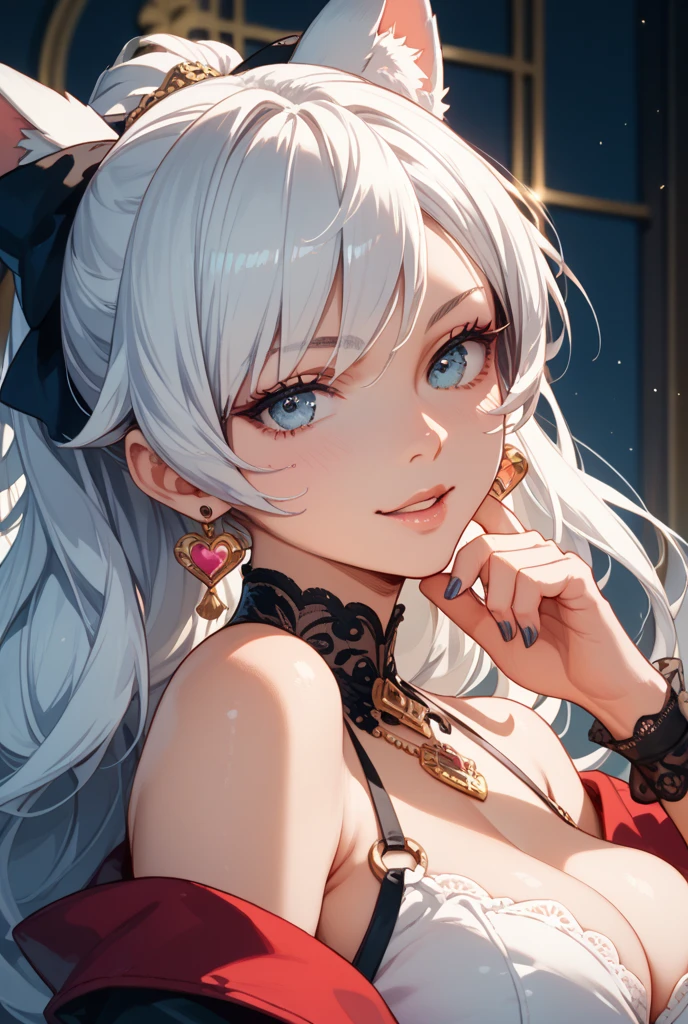 ((One personの女性)), Beautiful Face,Laughing shyly,((Wink:2.0)),Laugh with your mouth wide open((Bright red cheeks:1.4)),Glossy pink lips,night,rooftop,Festive decorations,You can see the ocean, firework,Laughing with your mouth open,Glossy pink lips,Lighting on the face,((Anime style background)),masterpiece, Highest quality, so beautiful,Latest, Complex details, (Pink long nails),(ring),(bracelet),(choker),AI-generated, Complex,High resolution, Highest quality, super high quality,3D Images、View your viewers、3D Images,One person,Long white hair,High Ponytail,(blue eyes),Anime woman posing for a photo, ((Fine grain、Silvery white colorful eyes、Shining Eyes:1.4)),(Squint your eyes:1.1),a hyperRealistic , hyperRealistic , Realistic,Anime woman with long and white hair, Smooth anime CG art, A woman in a colorful kimono with gold embroidery, (Black long sleeve kimono),Red floral pattern,Long flower hair ornament,Big earrings,Mature Body,(Big Breasts:1.1),Tall,Abdominal muscles,Narrow waist,(Zoom in on face:2.0),(Shooting from an angle:1.5),(Tilt the angle:1.3),