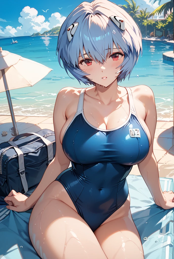 ((Masterpiece)), beautiful details, perfect focus, uniform 8K wallpaper, 2160p, high resolution, exquisite texture in every detail, Medium shot photograph, ((1girl)), solo, looking at viewer, short-hair, two-tone hair, white hair, multicolored_hair, heterochromia eyes, Red-green_eyes, ((gigants-breasts)), gigantic oppai, large breasts, detailed background, pool background, hidden hands, arms hold hands behind, 5fingers perfect, human_hand perfect, sitting pose, ((spread lengs)), open-lengs, things, perfect feet, 5toes, sexy bikini, anatomy human perfect
