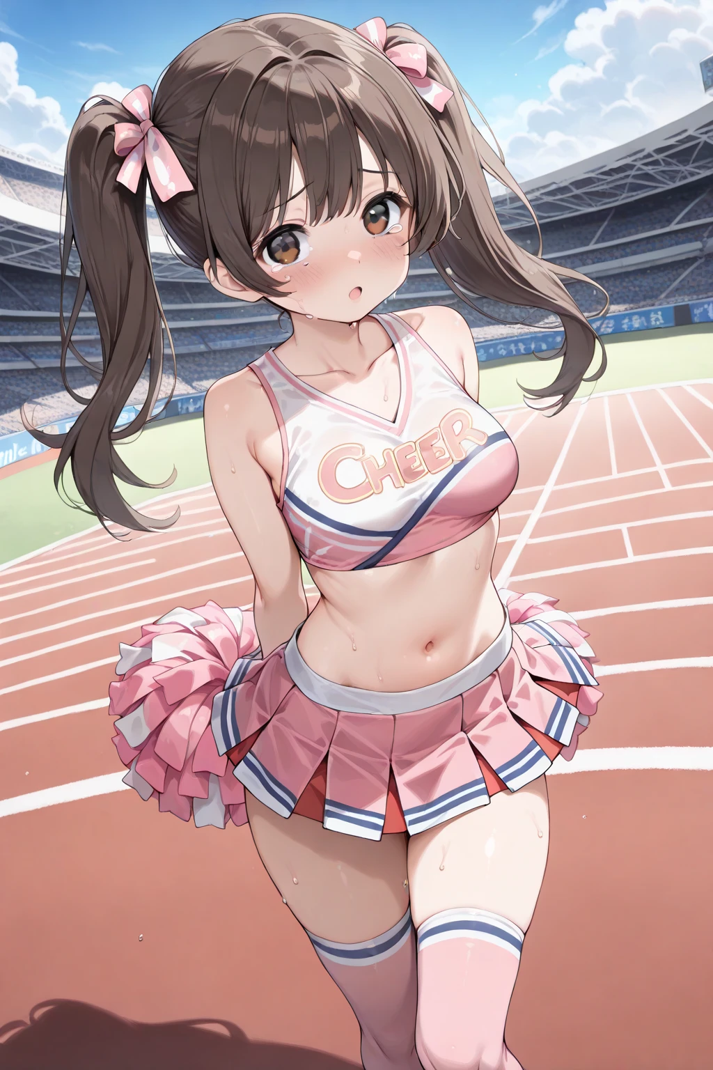 One high school girl dressed as a cheergirl、Sweating and cheering、The expression is a smile、