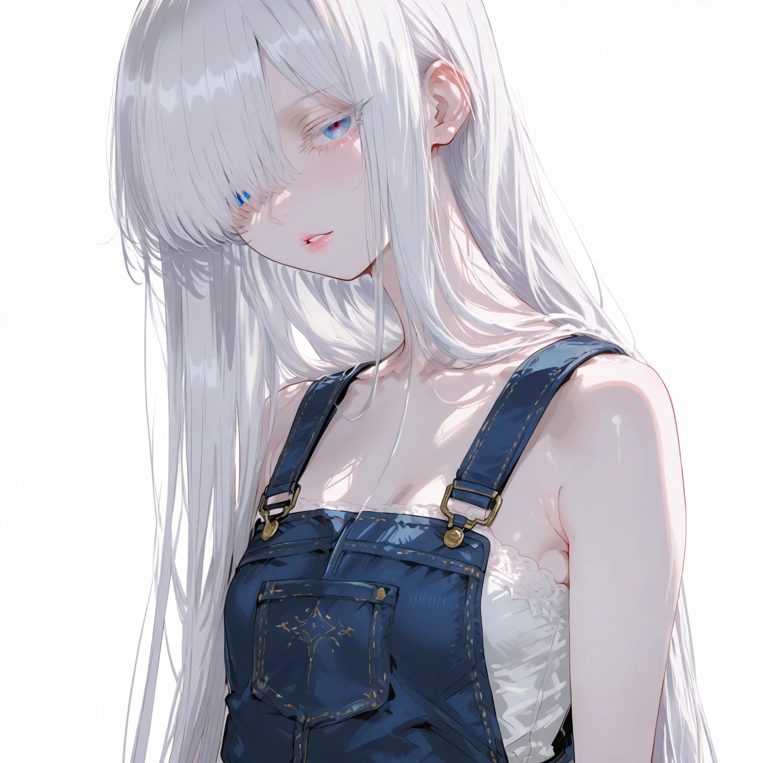 A woman with long white hair and blue eyes is walking down the street ...