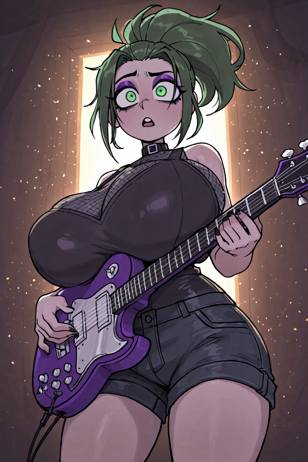 i-no from guilty gear,

anime, guilty gear strive,

from front, 1girl, dark blue hair, bob cut, mature female, green latex halterneck dress, black gold o-ring choker hooked to green halter dress, side and middle cleavage, one button the rest open green latex halter dress, brown belt with large studs, black underwear, blue lips, red eyes, sunglasses, horny expression, lipstick, blue pointed brim wizard hat with black eye holes, chewing cigar,

she is holding an aqua guitar while sitting on a chair, blue latex thighhigh high heeled boots, blowing smoke,

the smoke is forming the word "CONSISTENCY"