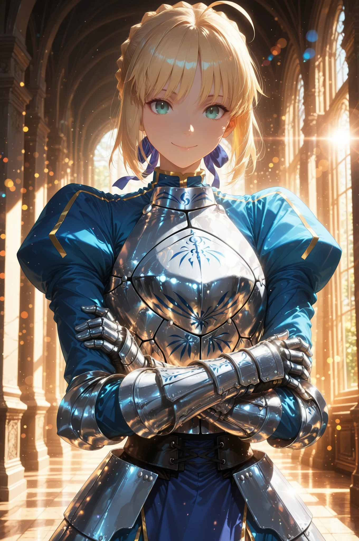 1 Beautiful Girl, solo:1.2, beautiful, clear skin, soft eyes, 4 fingers, saber, (fate/stay night) , artoria pendragon, side lock, Group, hair ribbon, breastplate, Armored Dress, long sleeve, Juliet Sleeve, gauntlet with armor, faulds, (smile, crossed arms, looking at viewer), beautiful景色, (( pixie background, Lens flare)), calm atmosphere, anime, High Quality, 4K, Very detailed expression, anime style, photorealistic, HDR, Studio Lighting, brightly colored, Bokeh