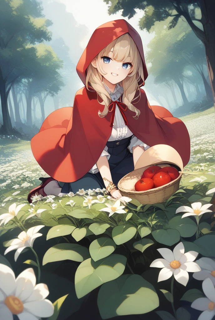 score_9, score_8_up, score_7_up, source_anime, little red riding hood (grimm), standing, nature, fruit, outdoors, apple, large breasts, bottle, frilled skirt, red bow, sitting