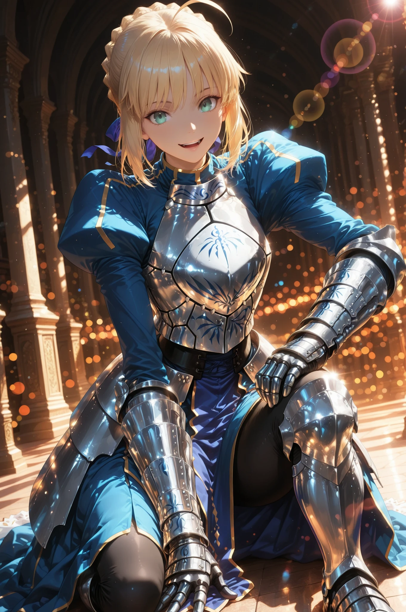 1 Beautiful Girl, solo:1.2, beautiful, clear skin, soft eyes, 4 fingers, saber, (fate/stay night) , artoria pendragon, side lock, Group, hair ribbon, breastplate, Armored Dress, long sleeve, Juliet Sleeve, gauntlet with armor, faulds, (smile, Open His Mouth, on one knee, looking at viewer), beautiful景色, (( pixie background, Lens flare)), calm atmosphere, anime, High Quality, 4K, Very detailed expression, anime style, photorealistic, HDR, Studio Lighting, brightly colored, Bokeh