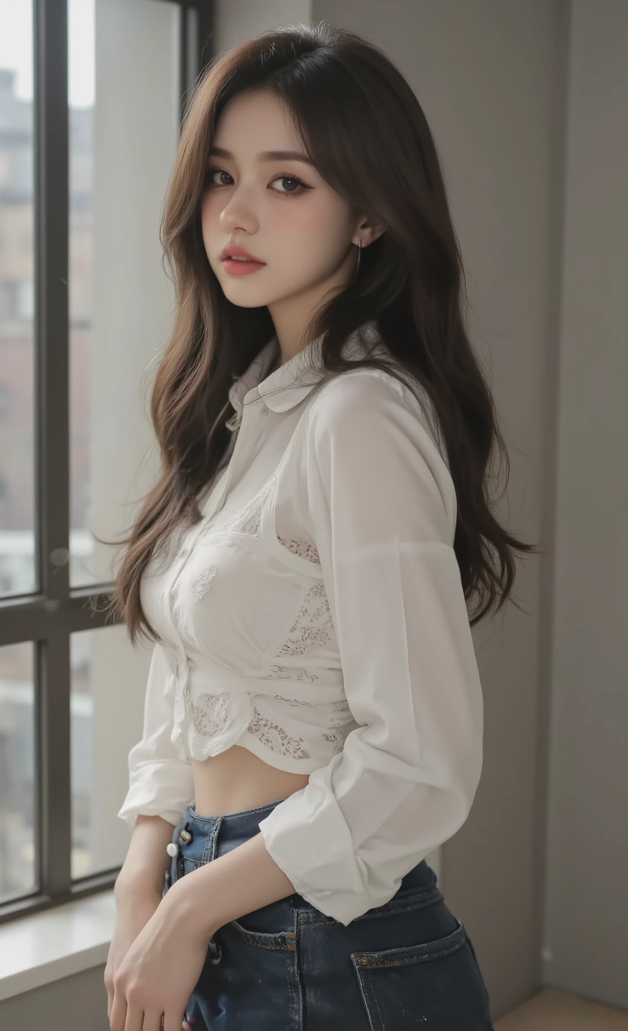 photorealistic a young woman with hair Jet black that reaches the middle of his back, with a white semi-transparent cotton blouse with a delicate fabric that captures light, thin enough to reveal the subtle outline of her lace bralette below, combined with high-waisted denim shorts, standing next to large windows in a modern loft apartment, the afternoon sunlight that enters through the fine fabric creating a soft silhouette, Detailed texture of her shiny black hair against the light fabric, Professional interior photography with natural lighting that highlights her curves in white bikini