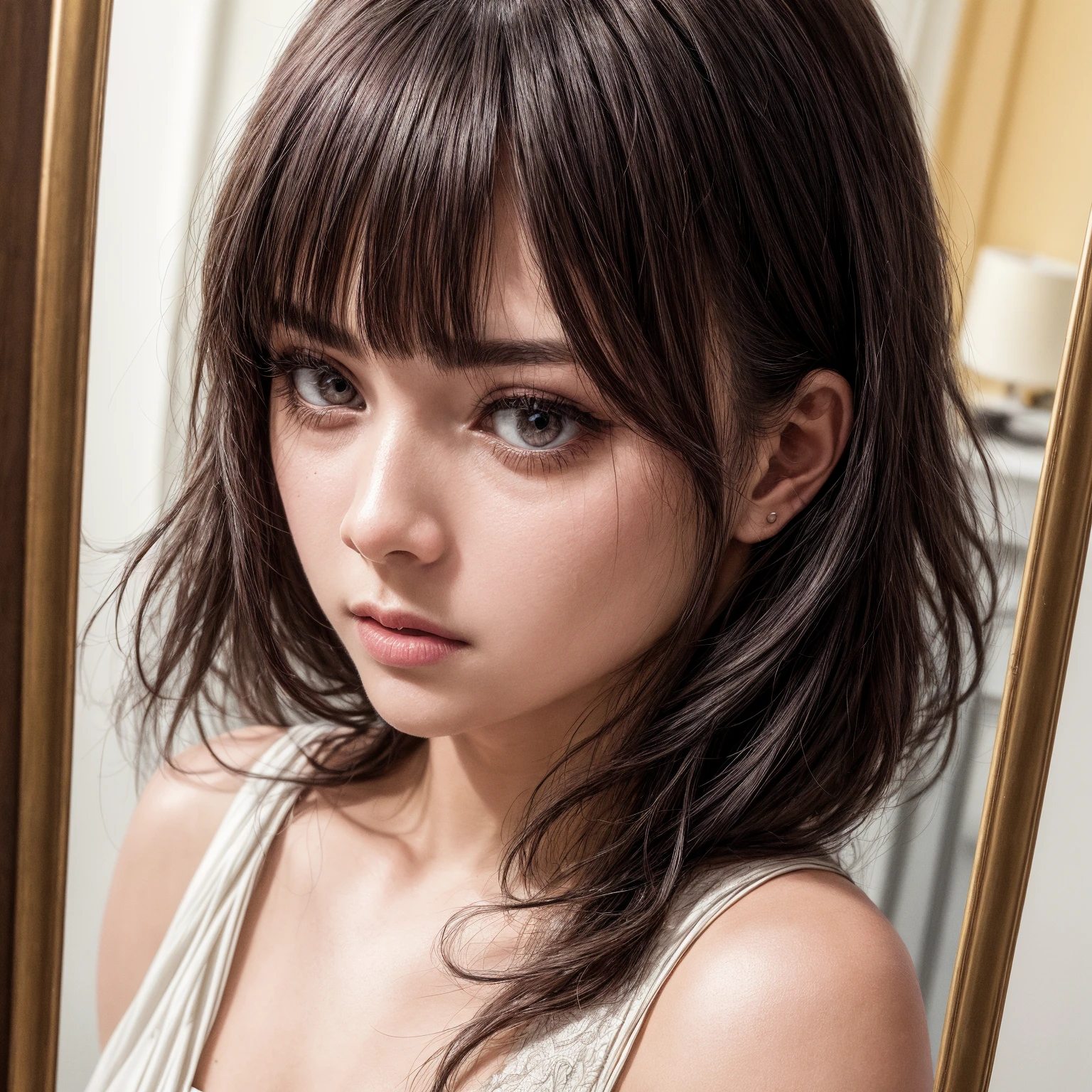 a woman similar to Scarlett Johansson, with bangs, DNI photo from the front, 20 years old