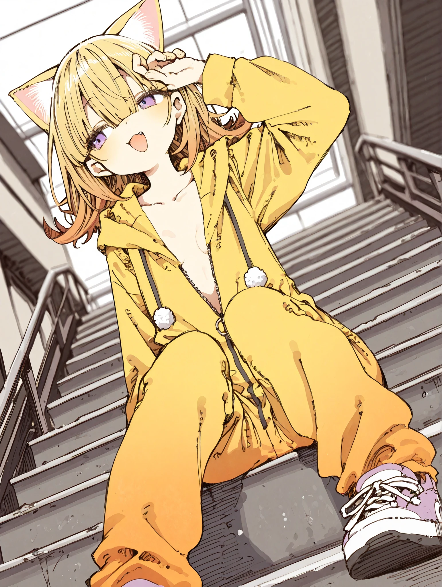 ((Abara Heiki style)), ((Masterpiece)), ((best quality, amazing quality)), ((very aesthetic, absurdres, newest)), ((detailed background, negative space, blurry background, depth of field, Asymmetrical background)), (dynamic angle, wide shot, from below), (cinematic lighting), ((1girl, solo)), cute young Girl, (Healthy Gaunt body, Textured skin, small , tilt head), smug, open mouth, sharp fang, (pale purple eyes, gradient eyes, averting eyes, looking at side), beautiful collarbone, cat ears hoodie, (hair between eyes, long bangs, long side bangs), (flipped hair, outside curl medium hair, beautiful blond hair), gradient hair, violet colors hair tip, stretch out arm and hand, stretch arm up, (cute fuzzy onesie, foamy onesie, slightly unzipped loose onesie, orange color onesie, slightly exposed cleavage), thick-soled sneakers, pastel colors sneakers, showing sole of sneaker, loose sitting, (external staircase, condominium, under the fluorescent lamp), outdoor, aged condominium, concrete-made stairs, aged concrete, cute cheeks, glossy lips, pouty lips, lower eyelashes,