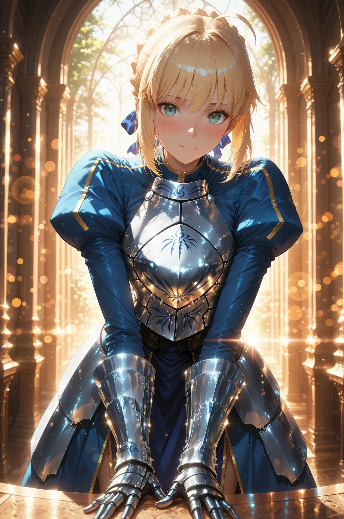 1 Beautiful Girl, solo:1.2, beautiful, clear skin, soft eyes, 4 fingers, saber, (fate/stay night) , artoria pendragon, side lock, Group, hair ribbon, breastplate, Armored Dress, long sleeve, Juliet Sleeve, gauntlet with armor, faulds, (Blush, leaning forward, looking at viewer), beautiful景色, (( pixie background, Lens flare)), calm atmosphere, anime, High Quality, 4K, Very detailed expression, anime style, photorealistic, HDR, Studio Lighting, brightly colored, Bokeh