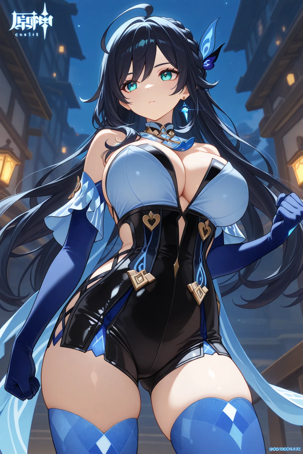 (best quality, In 4K, 8K, High resolution, muste piece:1.2),Super detailed, (Reality, photorealistic, photorealistic:1.37),30 year old woman,ripe woman,Mature woman,((Inside a castle),muste piece, Top quality, Ultra-fine,maximum resolution, Extremely detailed, ((Armor,white panties,holy knights,thigh high socks,huge breasts,groin,bottomless)),Cord,long blue hair,Seductive thighs,standing,blade in hand,from below