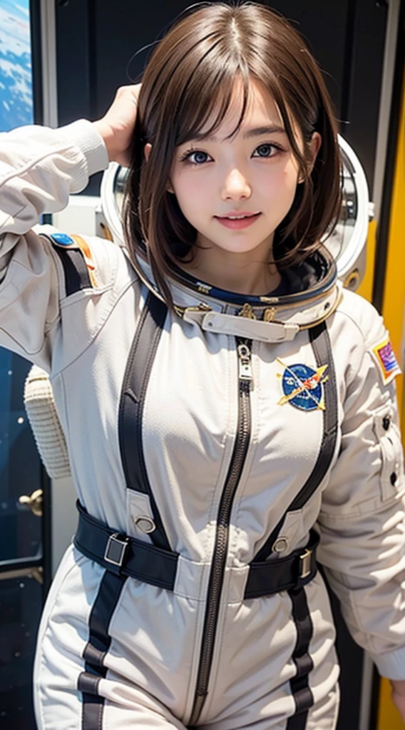 (smile)、(((Staring at the audience)))、((Wearing a space suit standing on the moon)),((White bikini shorts))、(((Spacewalk)))、wear spacesuits, 白いDressed in an astronaut costume, Cute girl in a tank top, girl in space, In space, (((Dressed in an astronaut costume))), woman astronaut, ((Open stance on the moon))、((Sexy young woman's body:1.4))、Large bust、The navel is clean、I can see your belly、